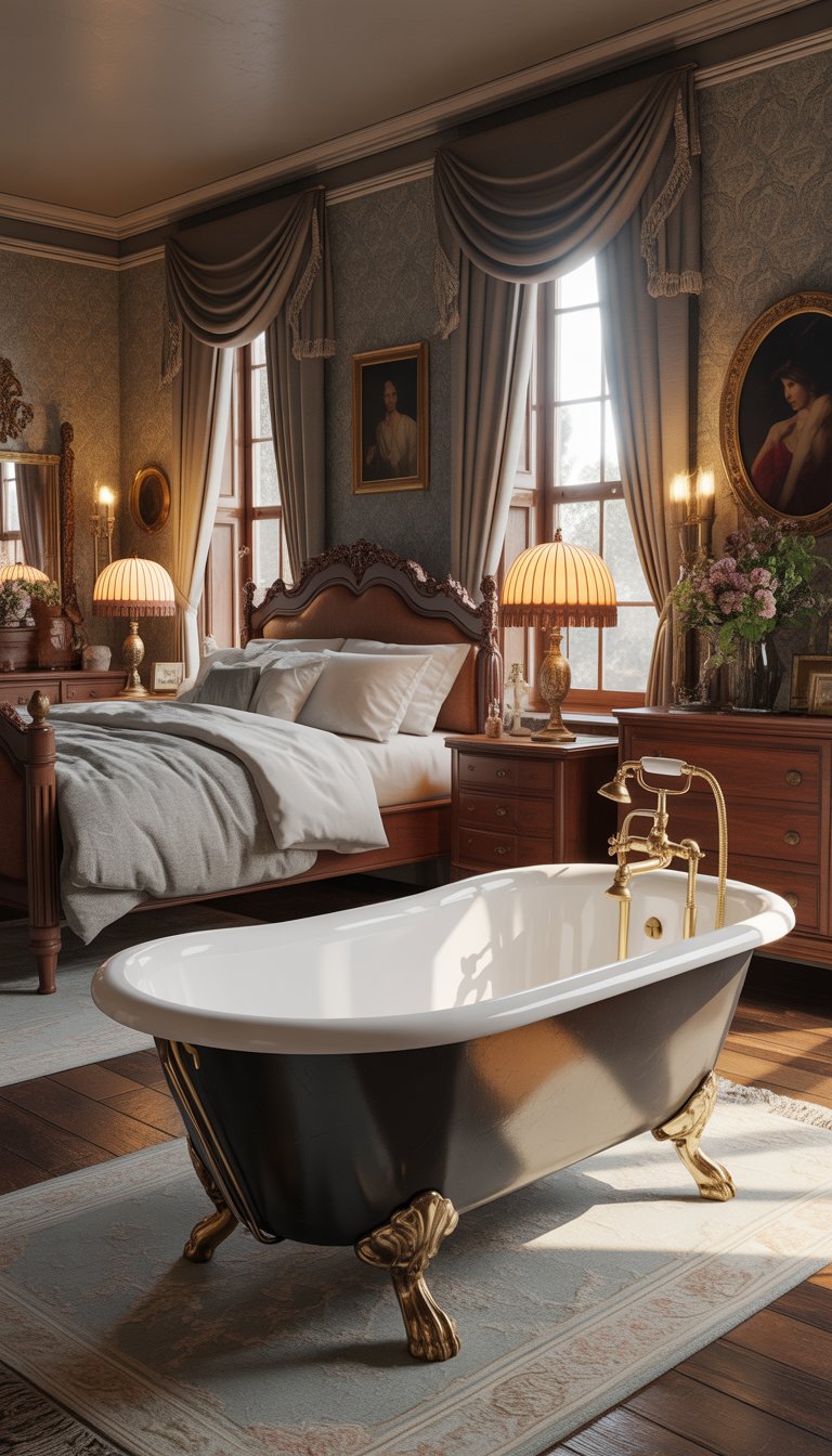 A Victorian bedroom with a clawfoot bathtub, wooden bed, ornate wallpaper, vintage lamps, and tall windows with drapes.