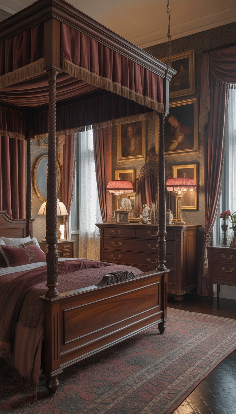 A Victorian bedroom with a dark mahogany four-poster bed, matching furniture, patterned rug, and large windows letting in natural light.