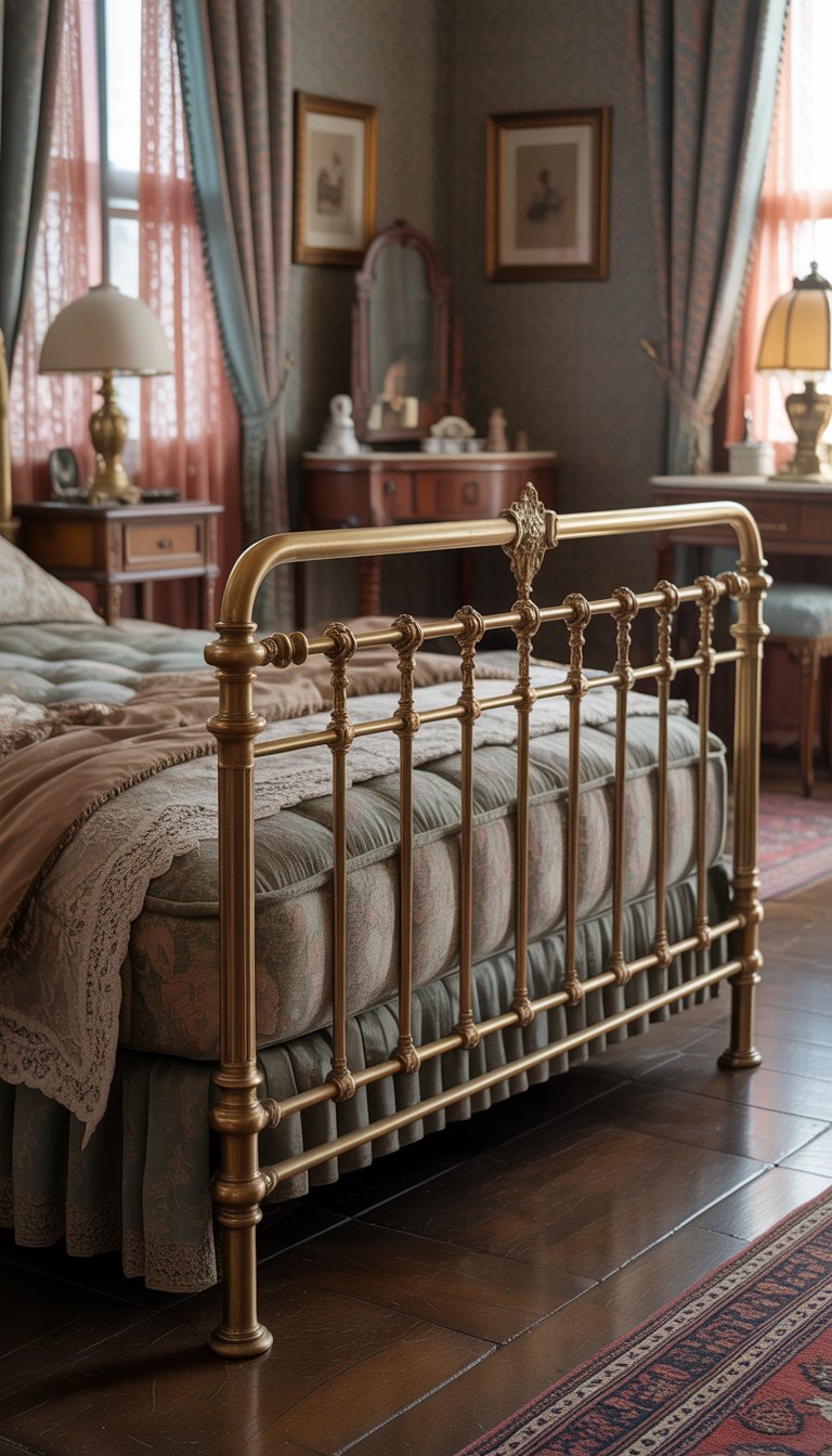 A bedroom featuring a vintage brass bed frame surrounded by antique furniture, patterned wallpaper, and soft natural light through lace curtains.