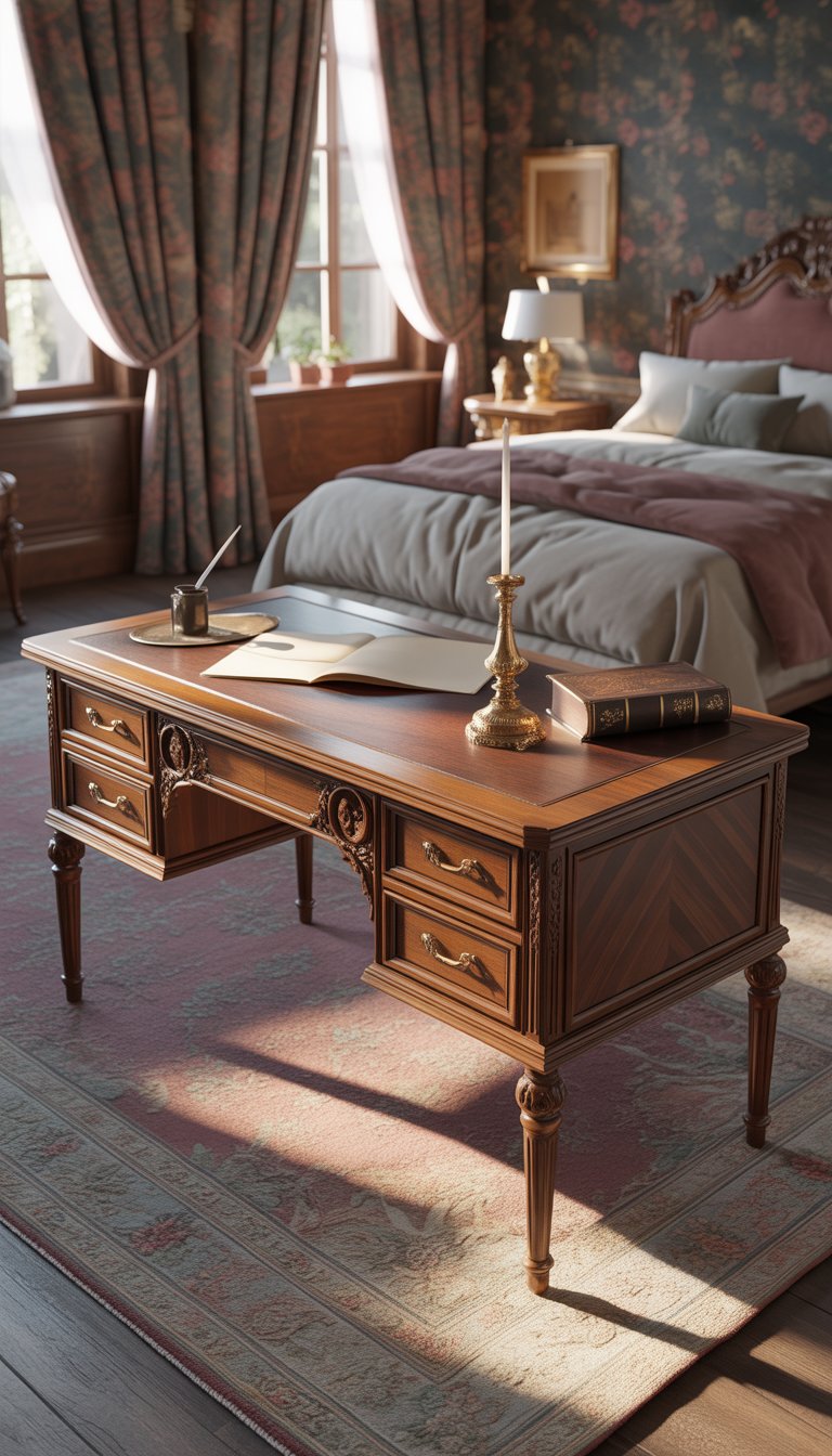 A bedroom featuring a wooden writing desk with carved details, an ornate bed, floral wallpaper, heavy drapes, and a patterned rug, all illuminated by soft natural light.