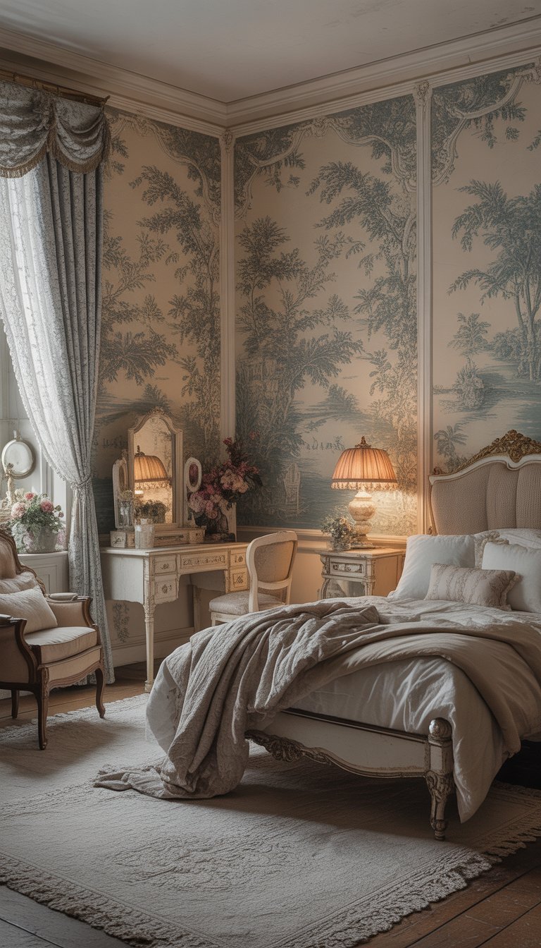 A Victorian bedroom with toile de Jouy patterned wallpaper, a carved wooden bed, vintage furniture, lace curtains, and floral decorations.