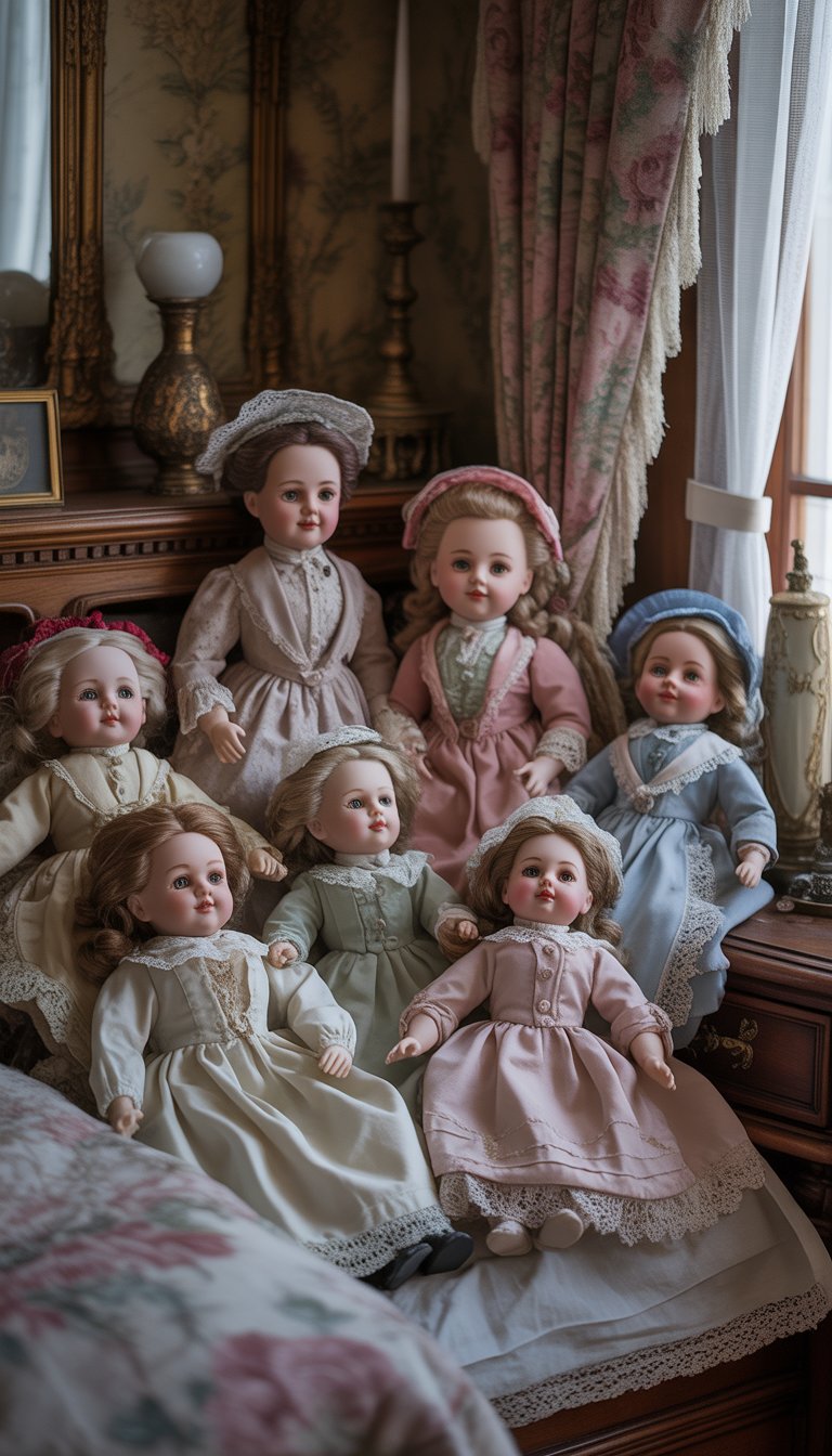 A Victorian bedroom featuring a collection of vintage porcelain dolls displayed on shelves and furniture, surrounded by ornate woodwork, floral wallpaper, lace curtains, and a fireplace.
