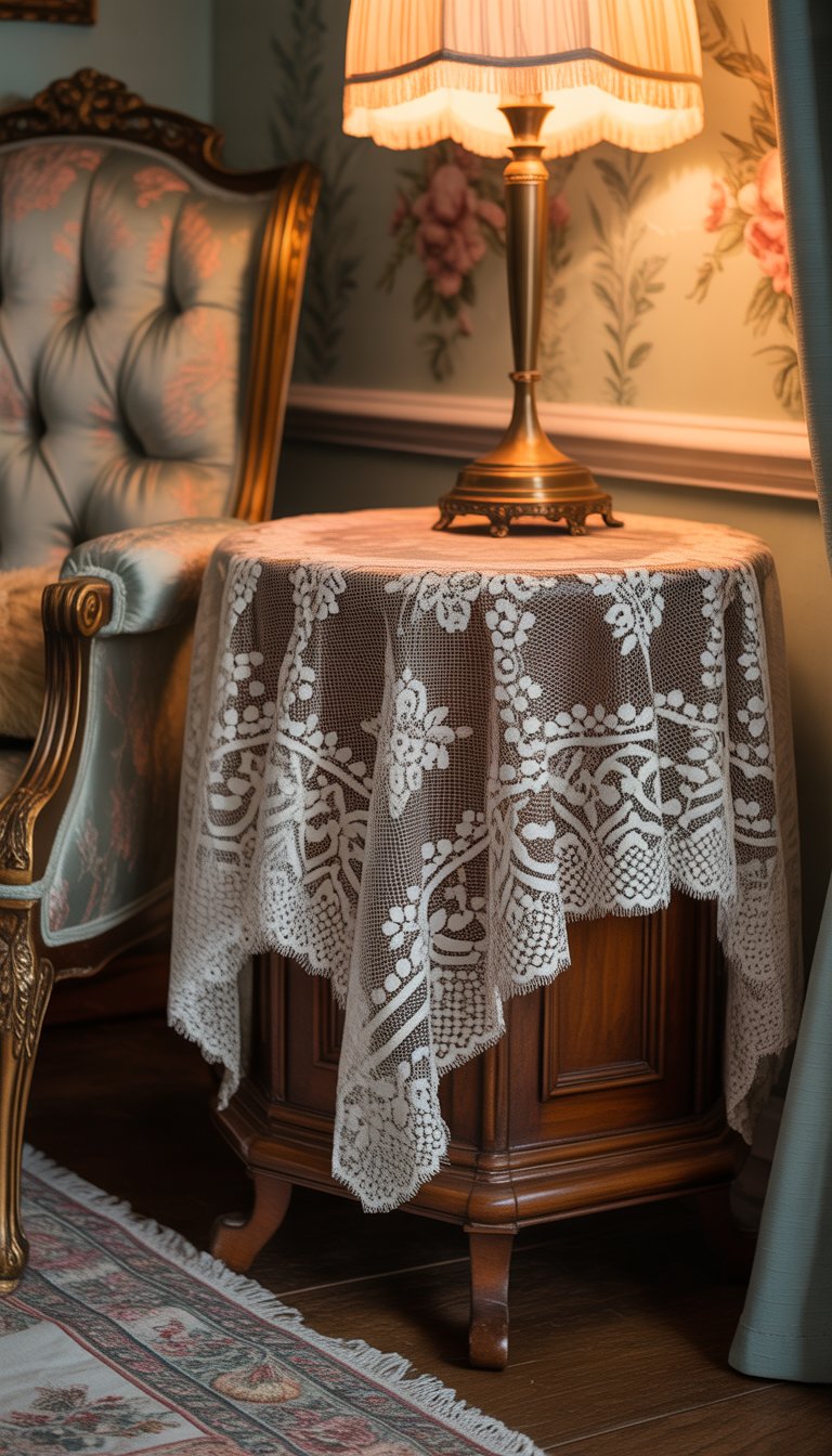 A side table in a Victorian bedroom corner covered with a detailed lace tablecloth, surrounded by classic furniture and soft lighting.