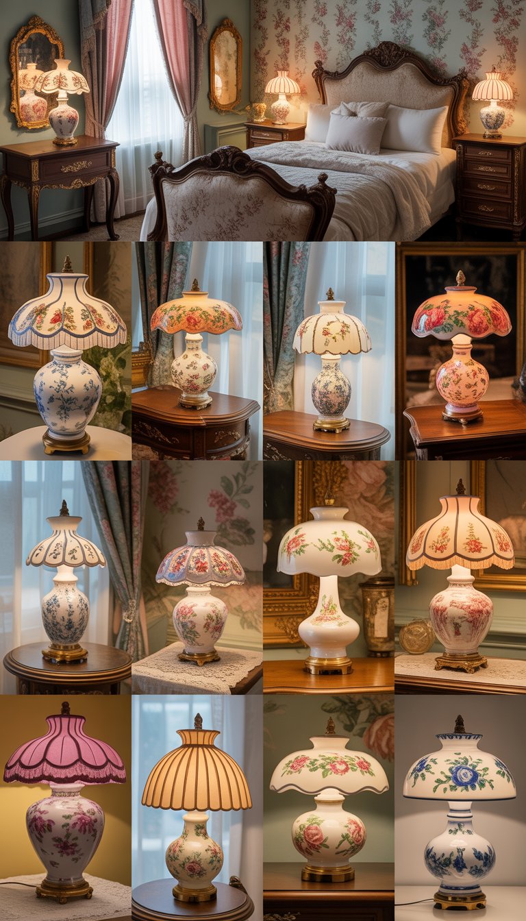 A Victorian bedroom filled with 25 hand-painted porcelain lamps placed on furniture, surrounded by floral wallpaper, ornate wood furnishings, and soft natural light.