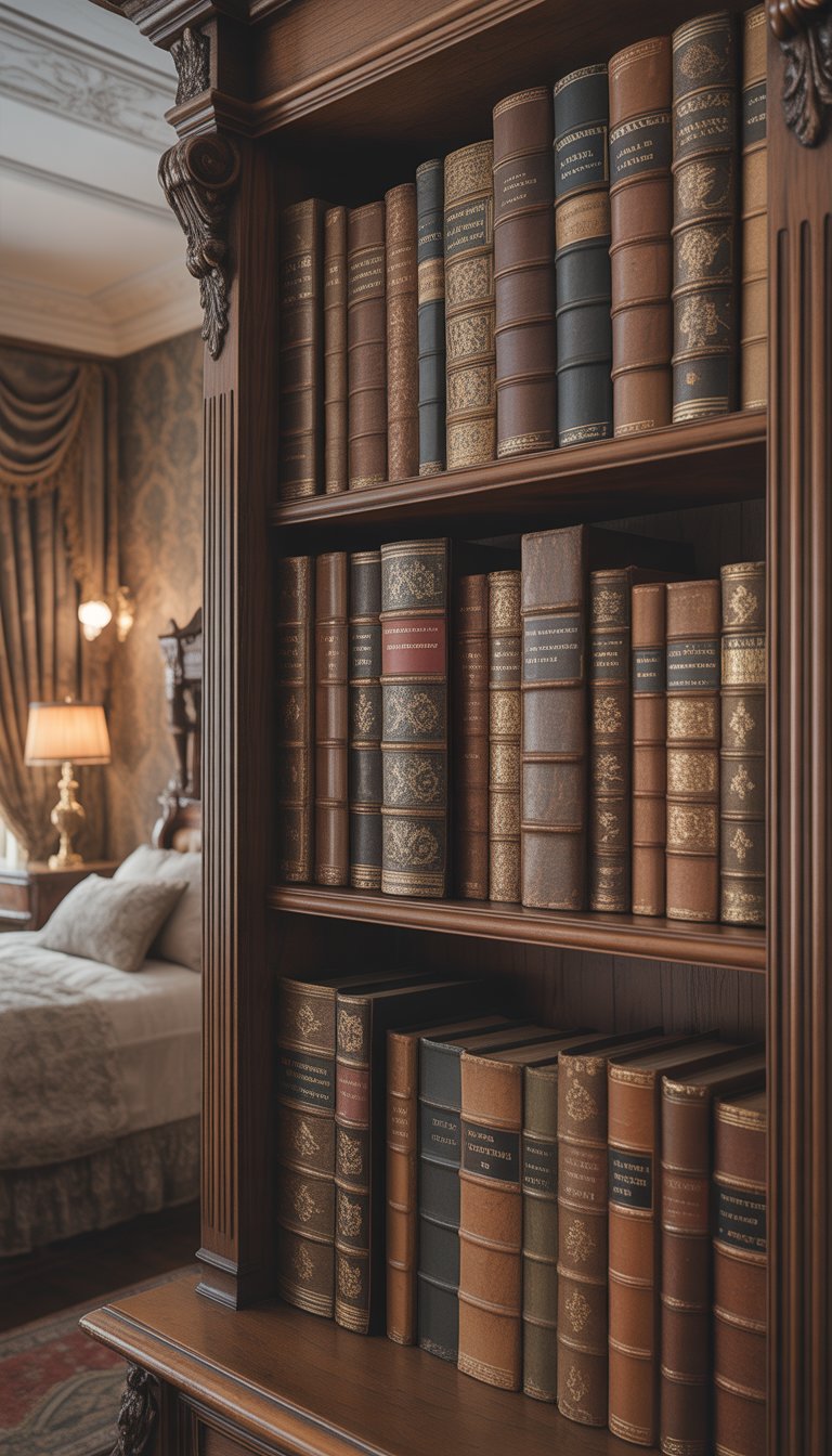 A wooden bookcase filled with antique books inside a Victorian bedroom.