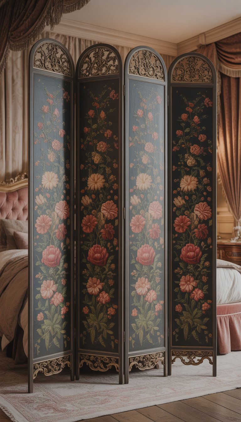 A Victorian bedroom with a decorative folding screen featuring floral designs, a tufted bed, antique furniture, and warm lighting.