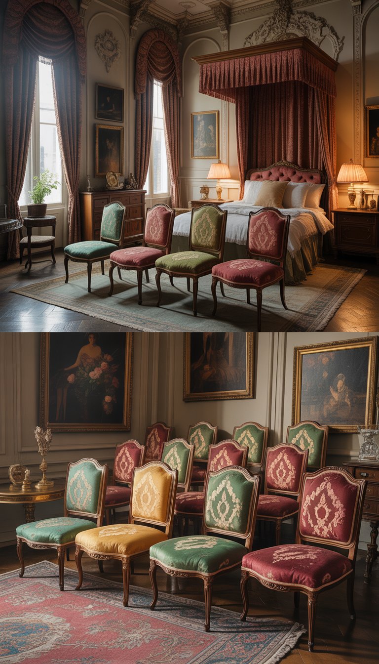 A Victorian bedroom with 25 brocade-upholstered chairs arranged around a canopy bed, featuring ornate moldings, tall windows with drapes, and antique furniture.