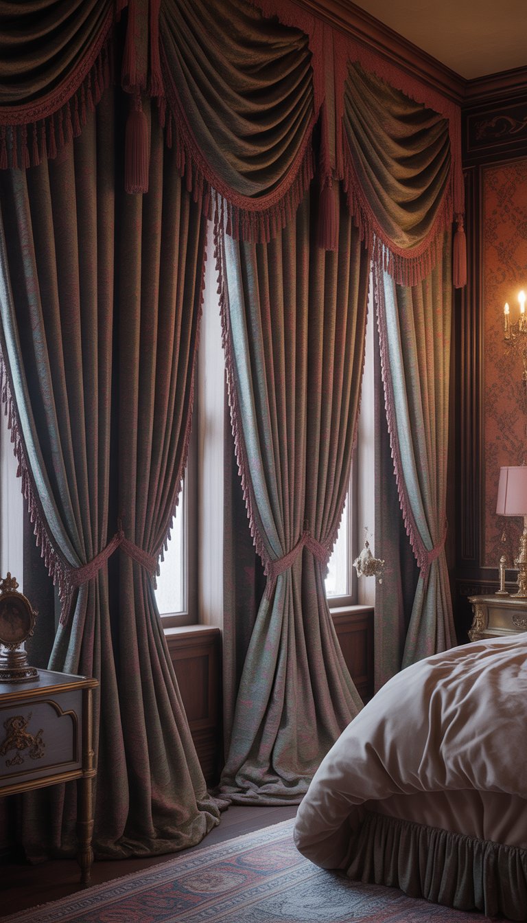 A Victorian bedroom with heavy velvet curtains with tassels hanging by tall windows, ornate wooden furniture, and a carved four-poster bed.