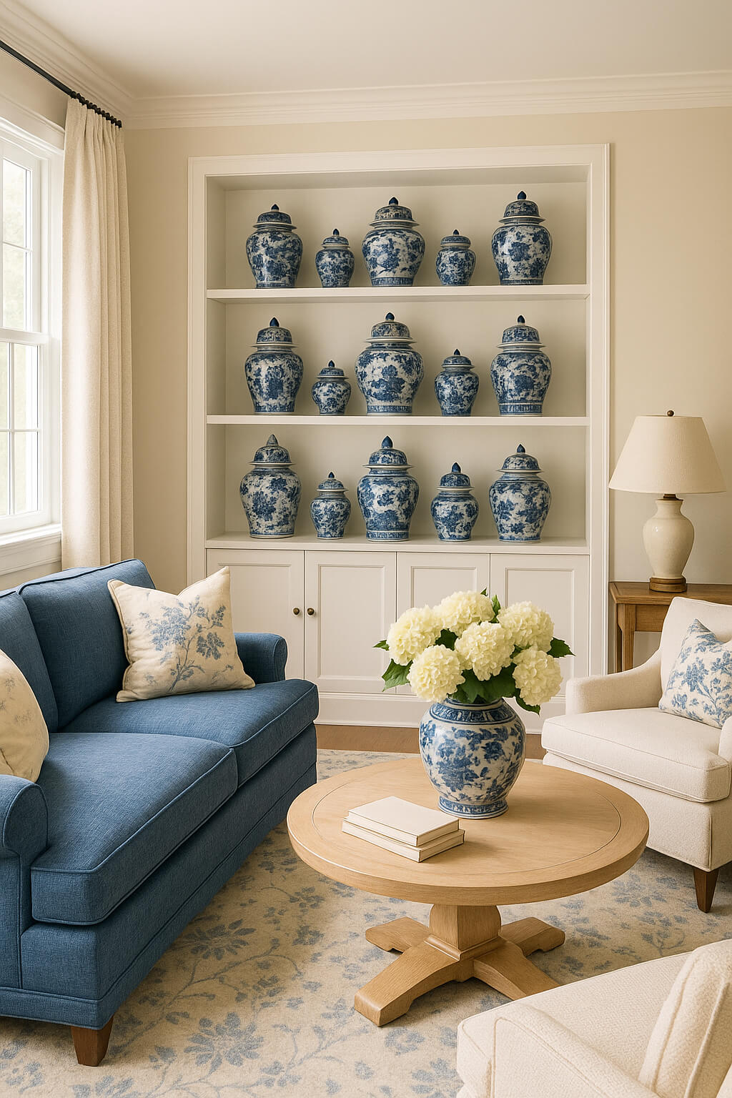 blue and cream porcelain jars on a shelf