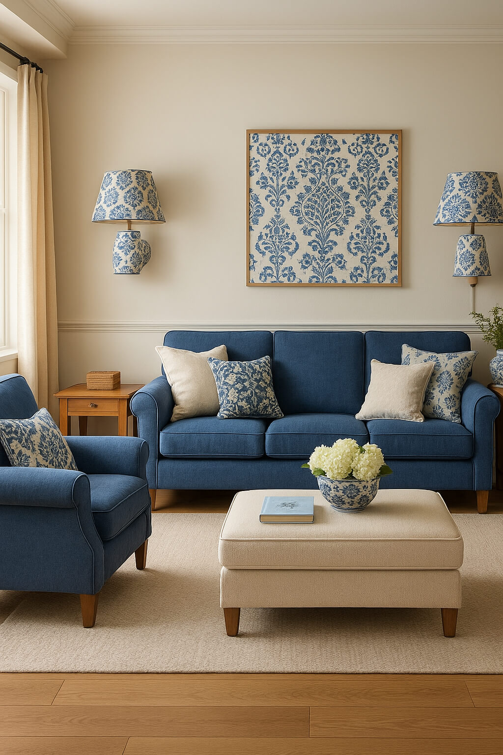 blue and cream patterned lampshades