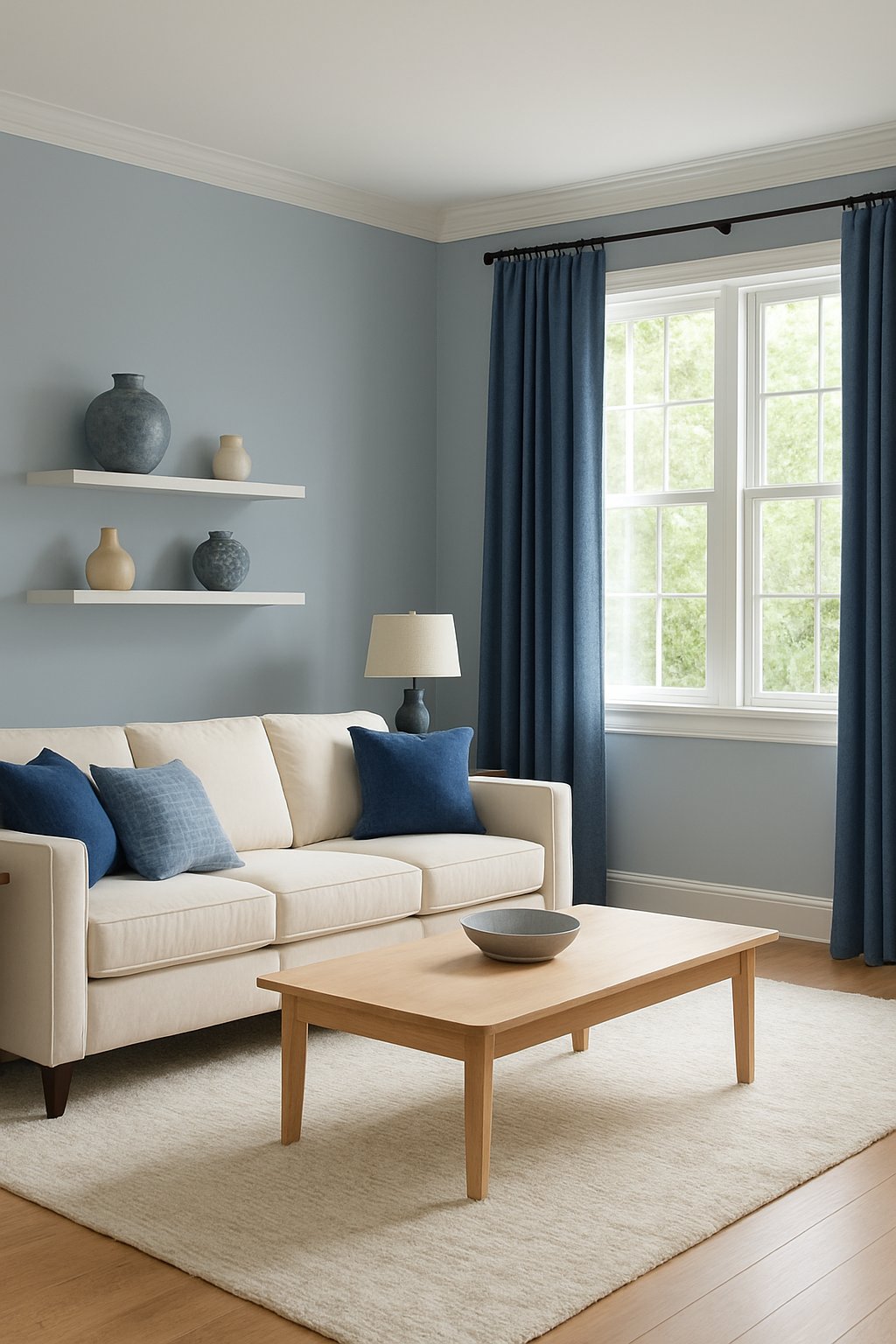 Living room with soft blue-gray walls, cream sofa with blue pillows, wooden coffee table, and blue curtains illuminated by natural light.