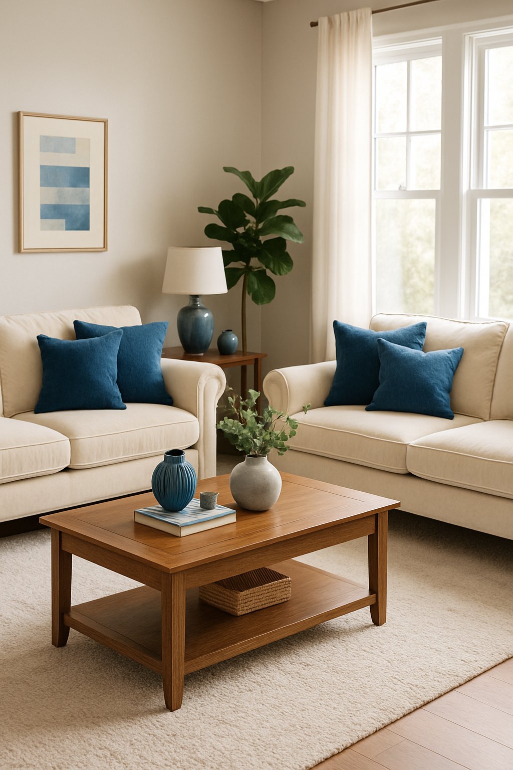 A cozy living room with cream velvet sofas, blue accents, a wooden coffee table, and natural light coming through large windows.