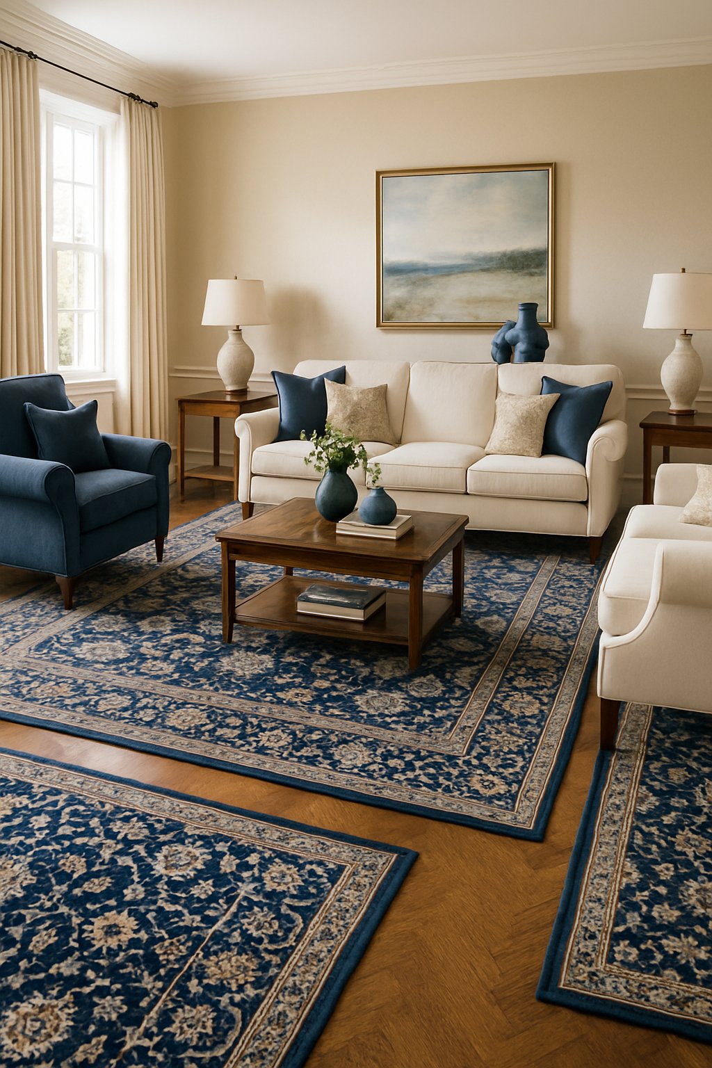 A living room with navy blue Persian rugs on the floor, blue and cream furniture, and natural light coming through large windows.