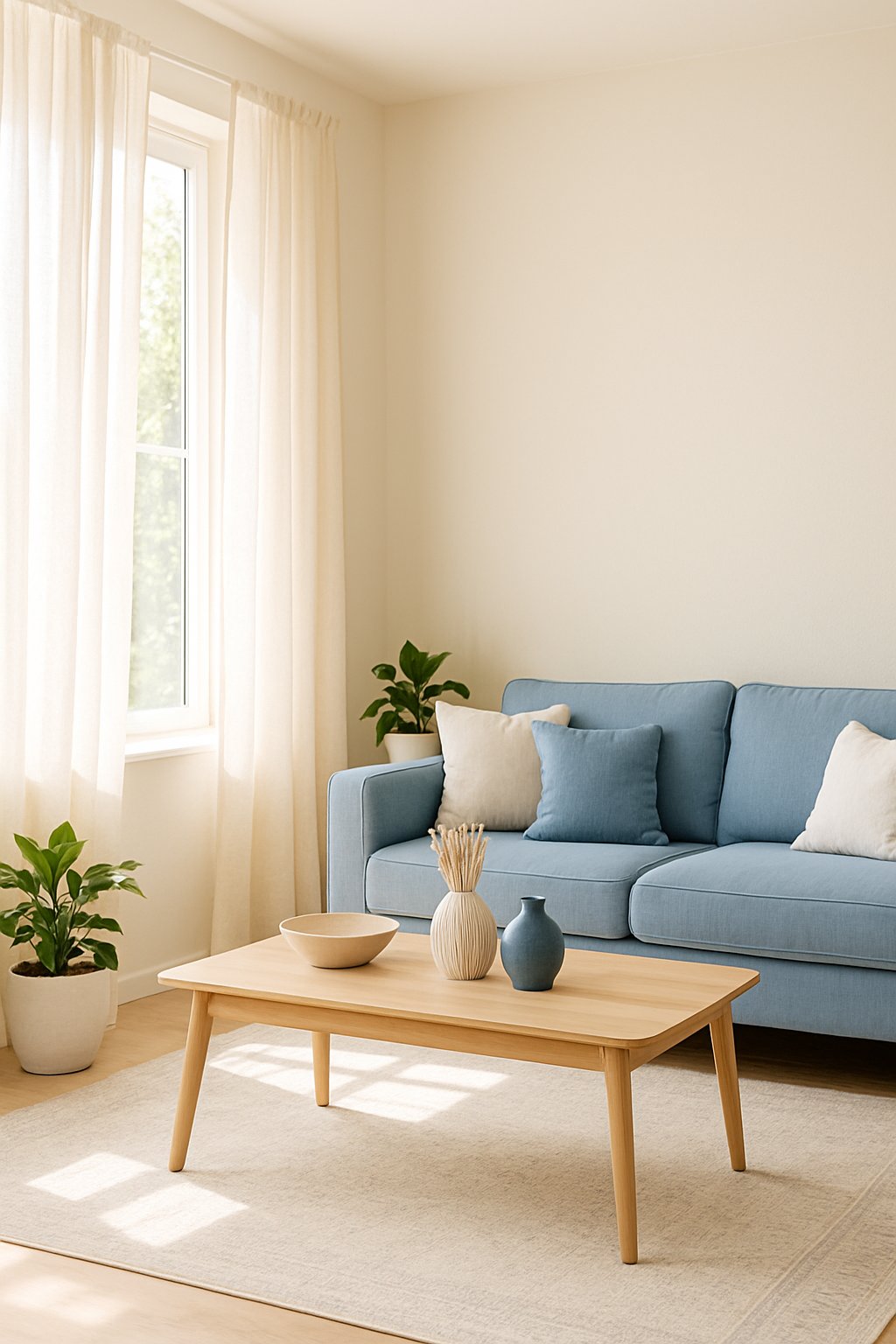 A living room with cream linen curtains, a blue sofa, cream cushions, a wooden coffee table, and natural light coming through a large window.