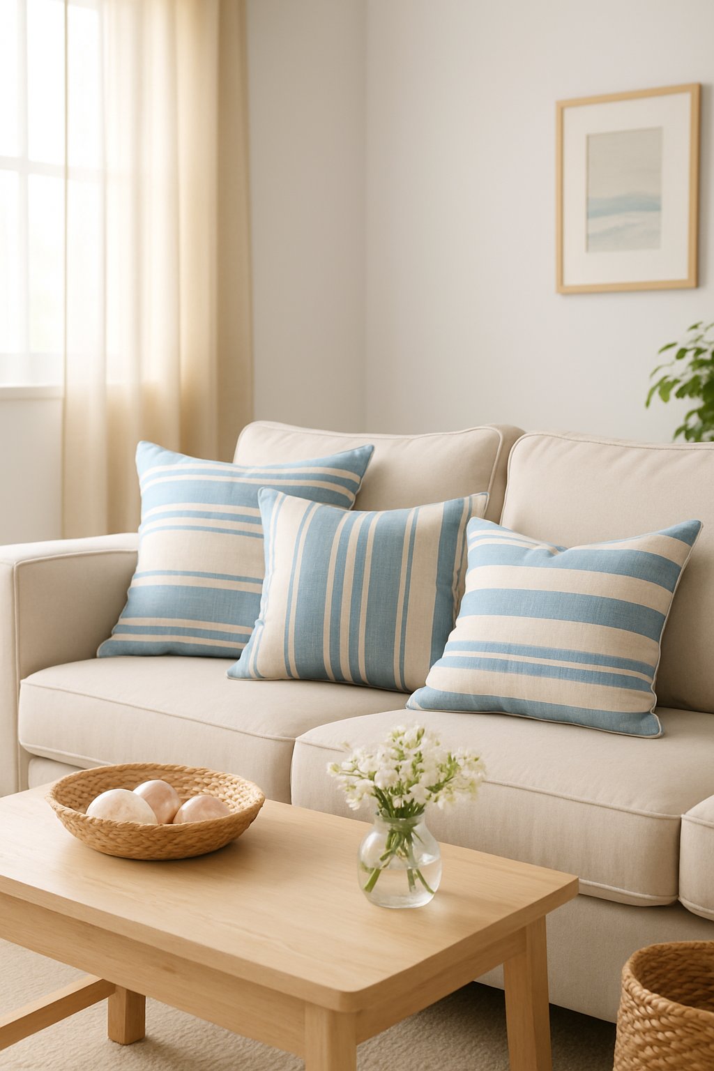 A living room with a sofa decorated with blue and cream striped pillows and coastal decor elements.