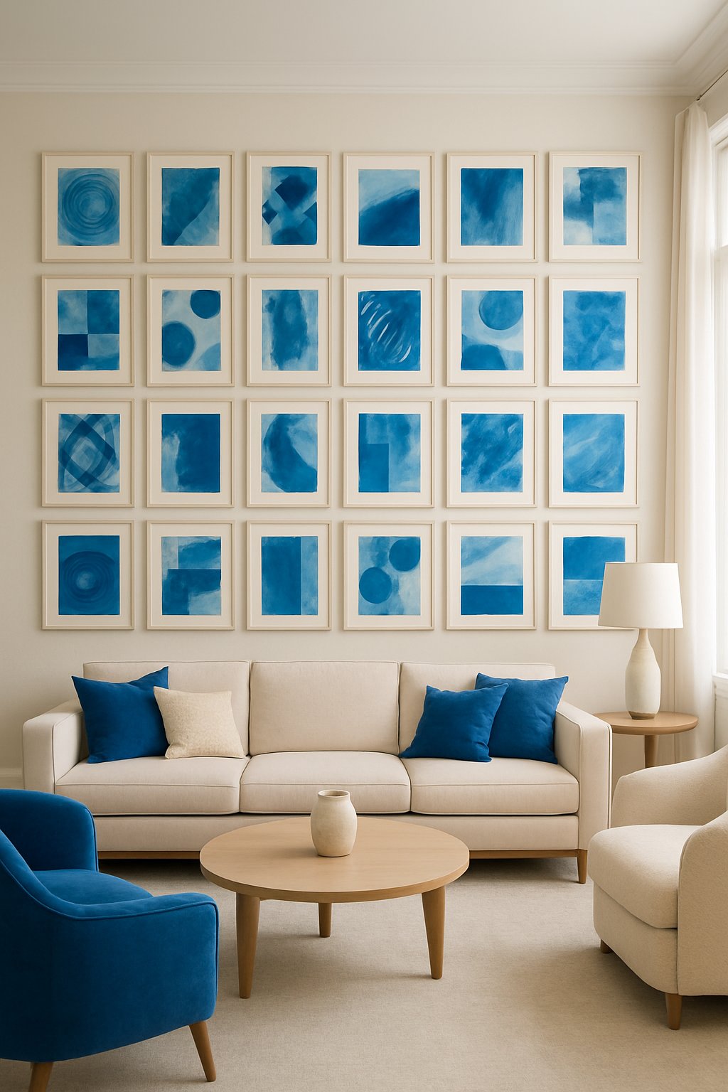 A living room with multiple abstract blue paintings in cream frames hanging on cream walls, with blue and cream furniture and natural lighting.