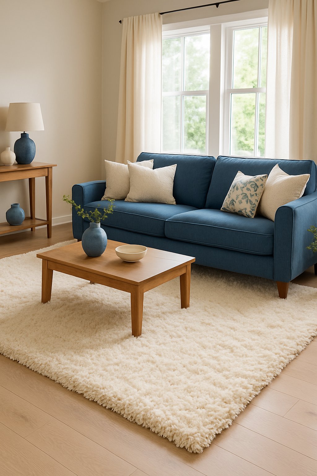 Living room with a cream shag rug, blue sofa, wooden coffee table, and natural light coming through large windows.