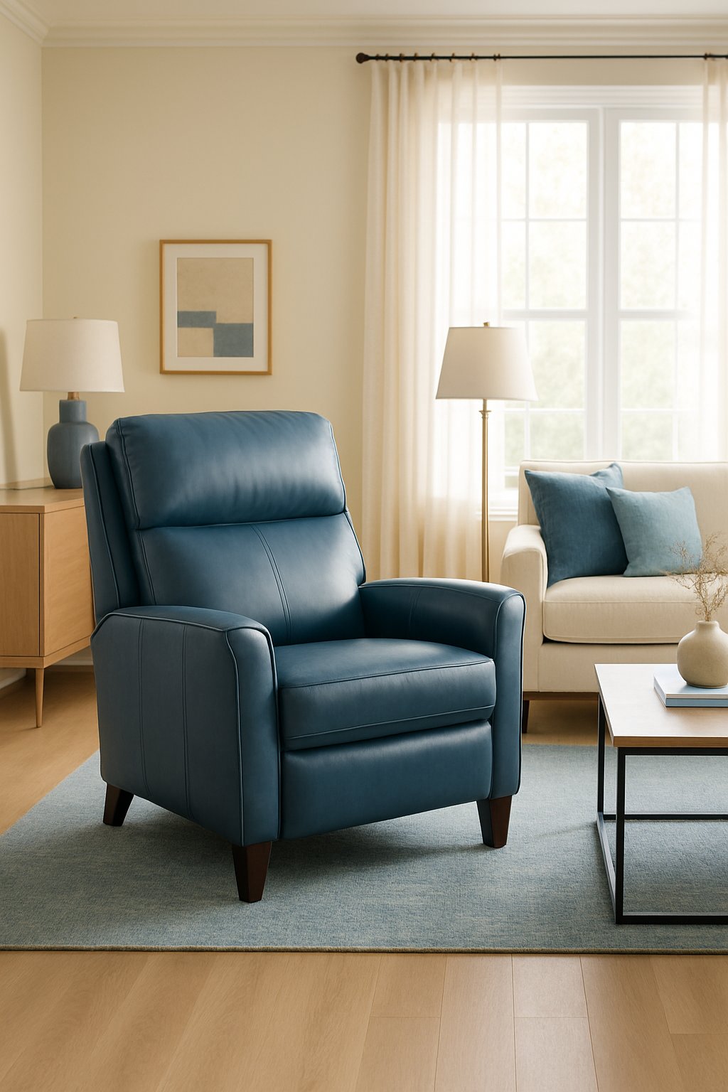 A blue leather recliner in a living room with cream walls, a cream sofa, a coffee table, and large windows letting in natural light.