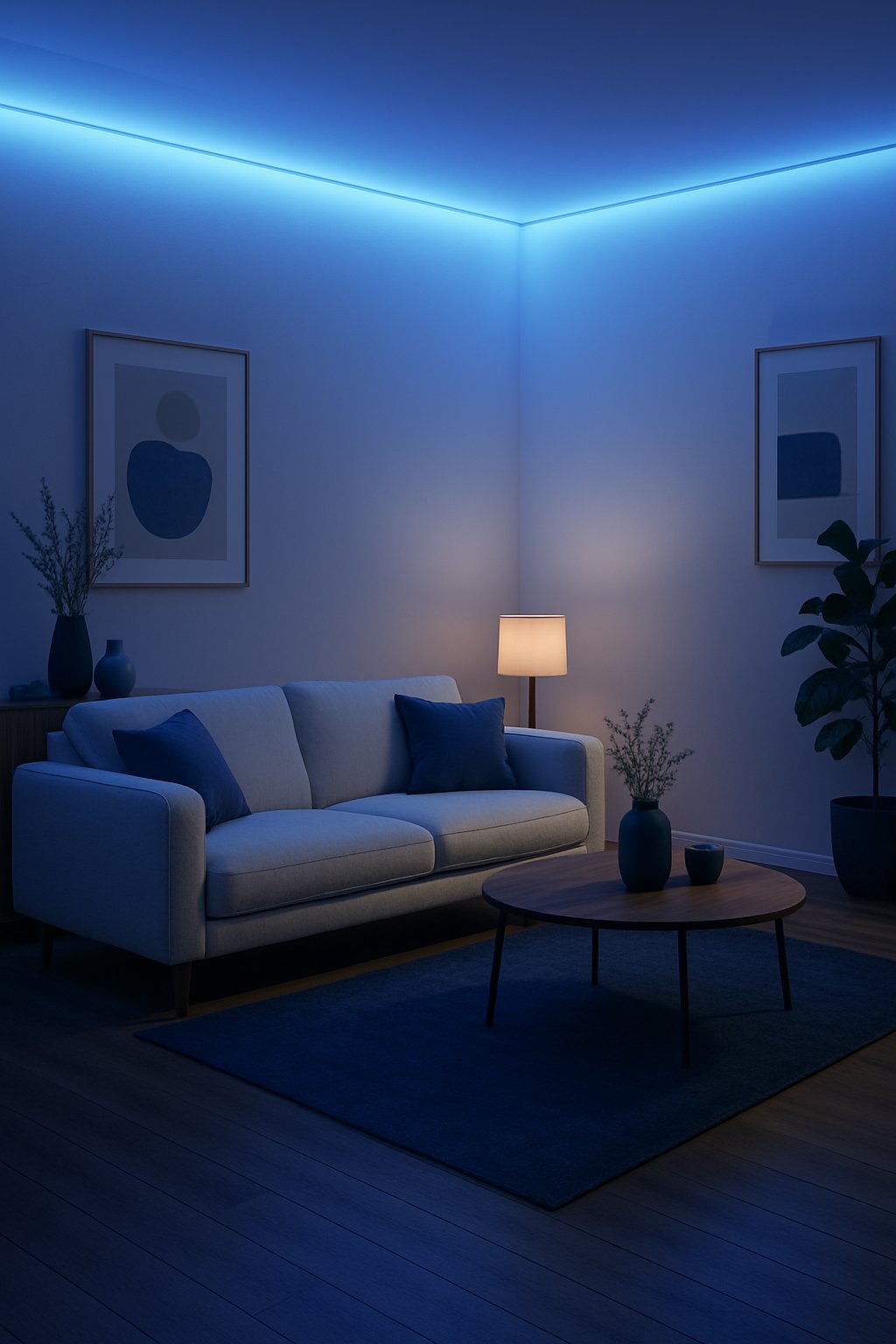 A living room with dim blue LED lights, cream sofa, blue pillows, and wooden flooring.