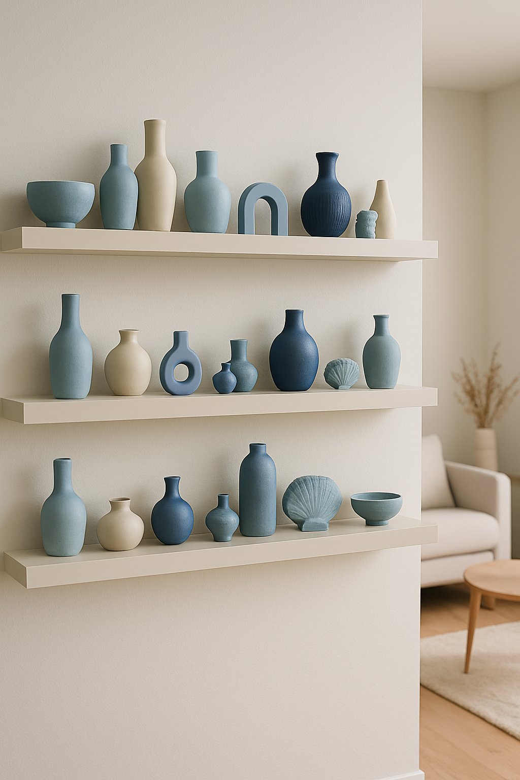Living room with cream floating shelves displaying blue decorative items on a neutral wall.