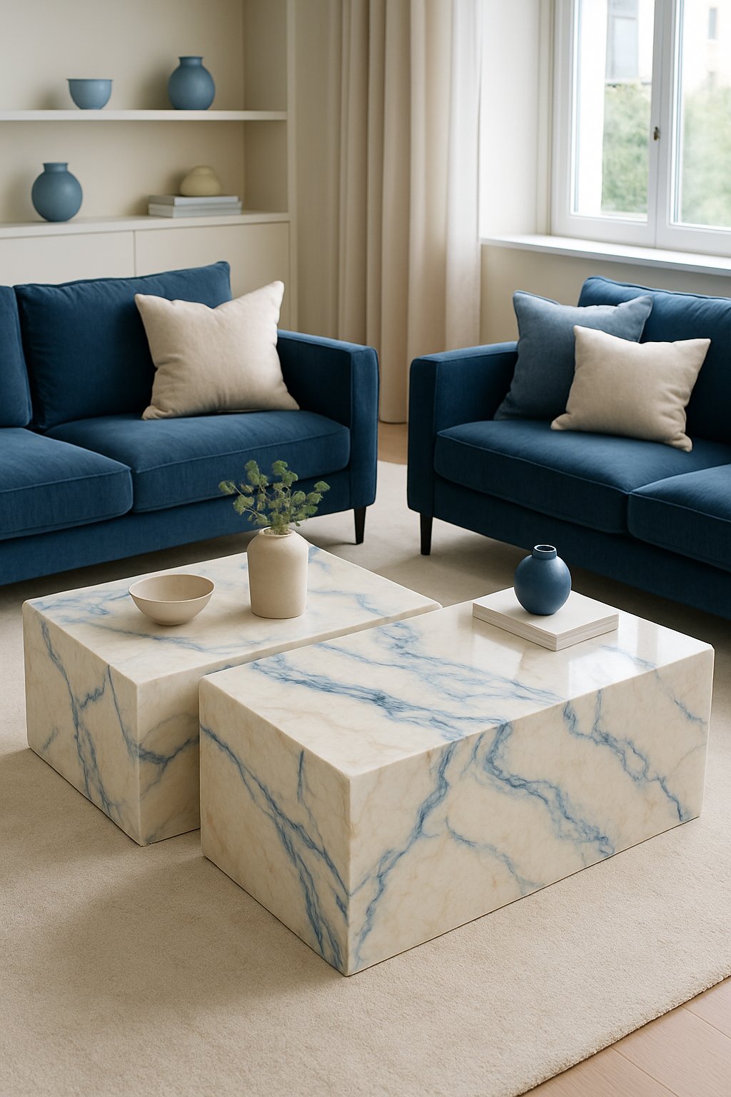 A living room with cream marble coffee tables featuring blue veins, surrounded by blue and cream furniture and decor.