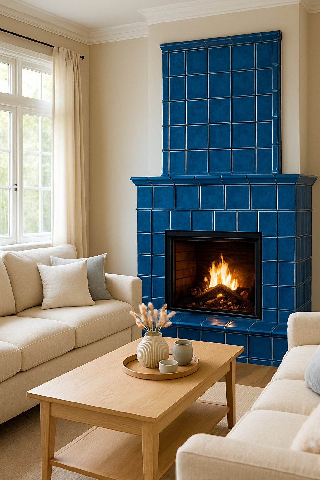 A living room with a fireplace tiled in blue ceramic surrounded by cream-colored walls and furniture.