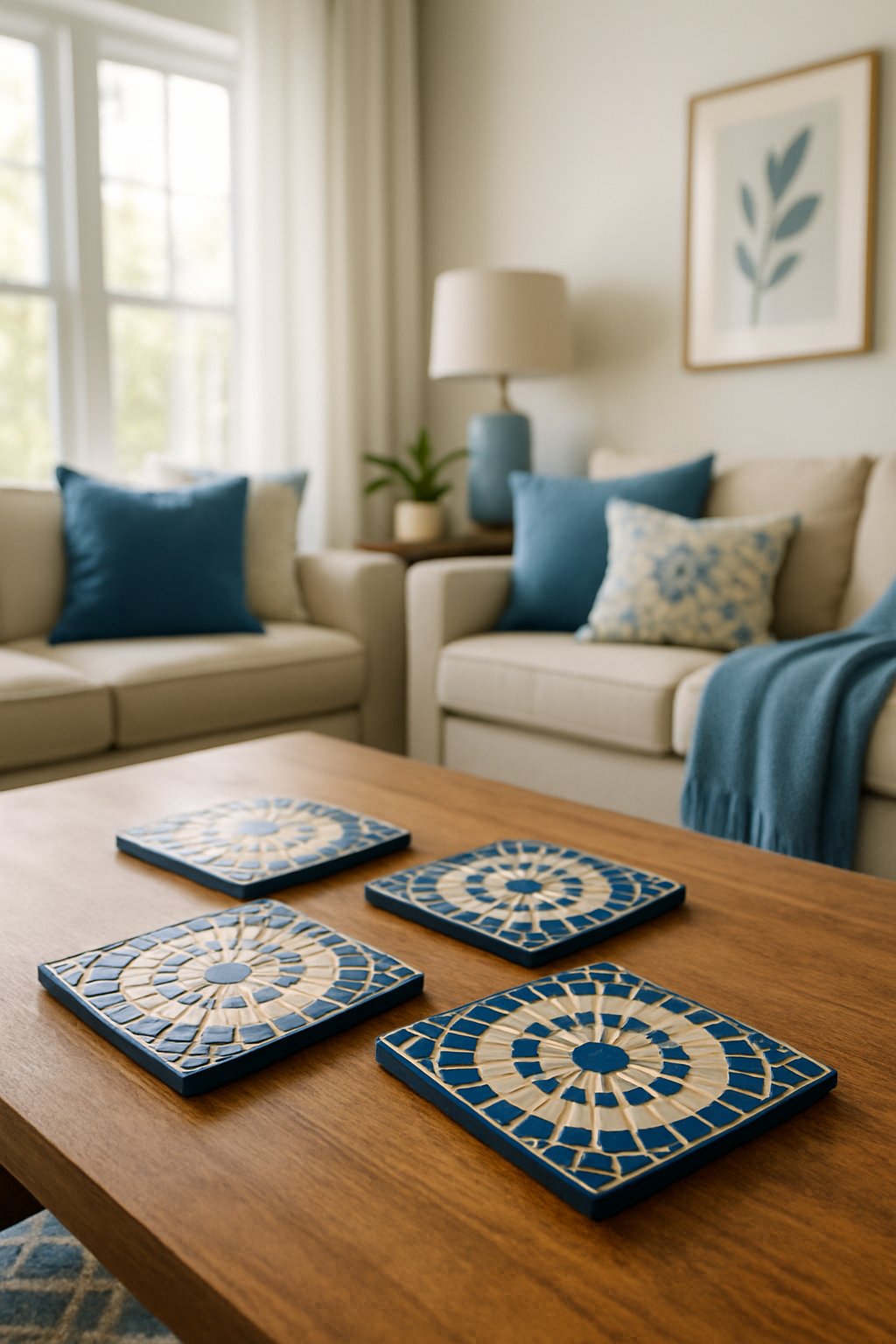 Living room with a wooden coffee table holding blue and cream mosaic coasters, surrounded by a sofa and cushions in matching colors.