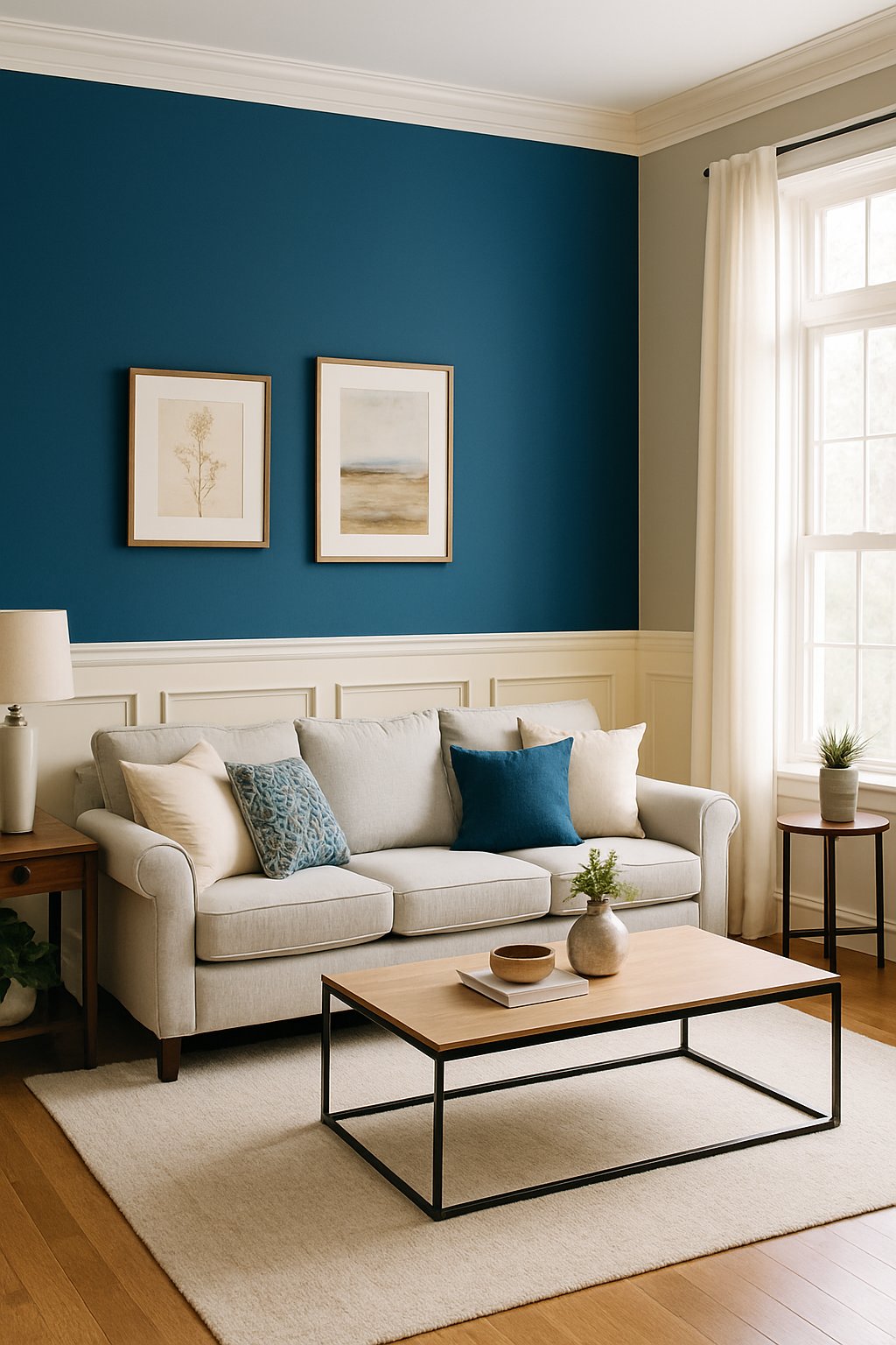 Living room with a blue accent wall and cream wainscoting, furnished with a sofa, coffee table, and plants.
