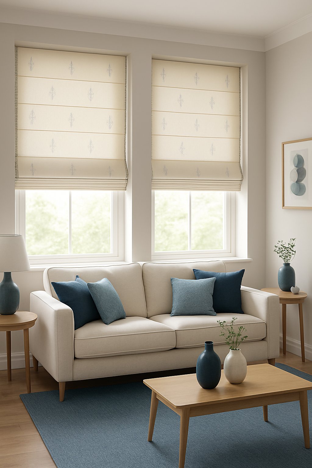 Living room with cream Roman blinds featuring subtle blue embroidery, a cream sofa with blue pillows, and blue and cream decor.