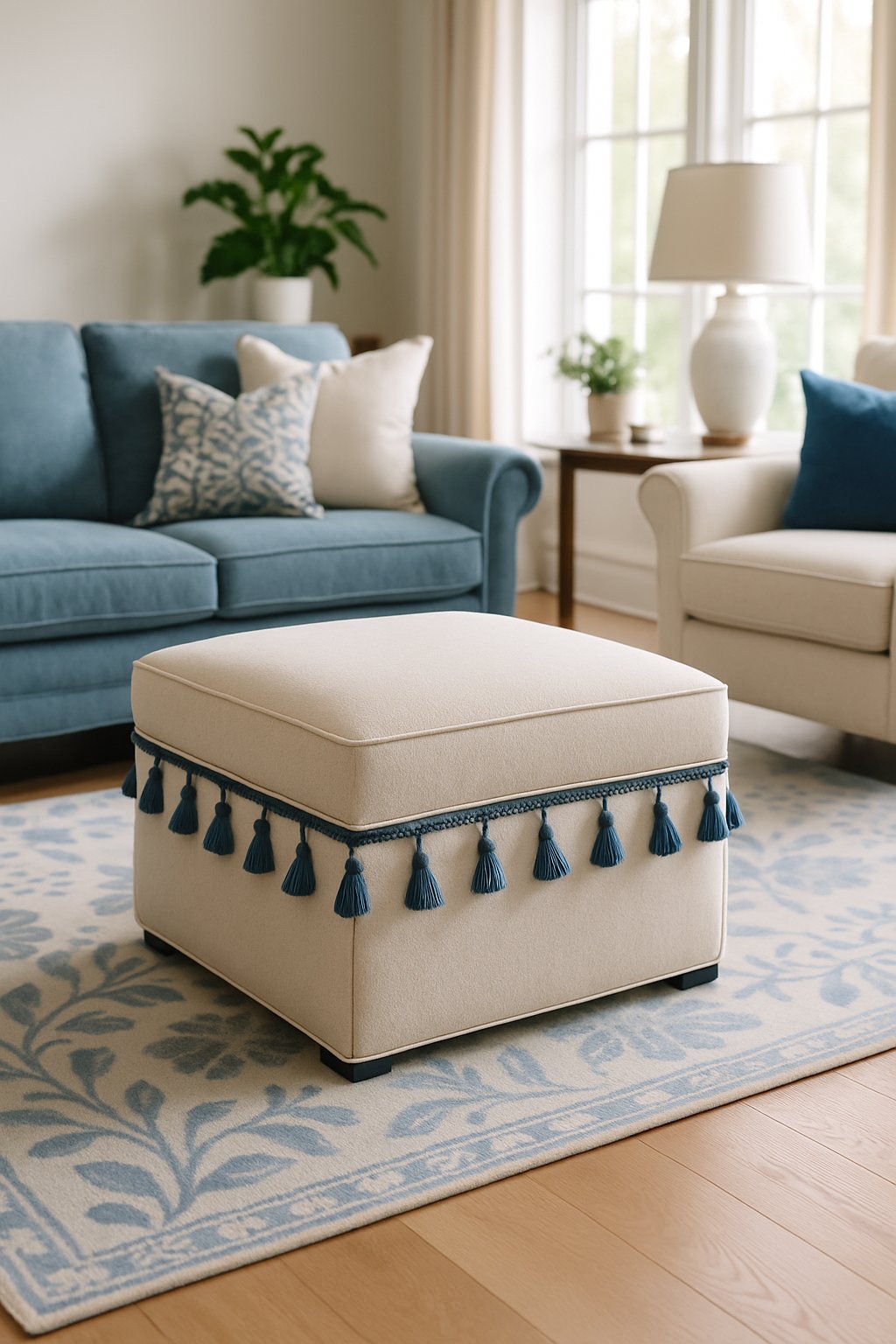 A living room with a cream ottoman decorated with blue tassels, surrounded by blue and cream furniture and natural light.