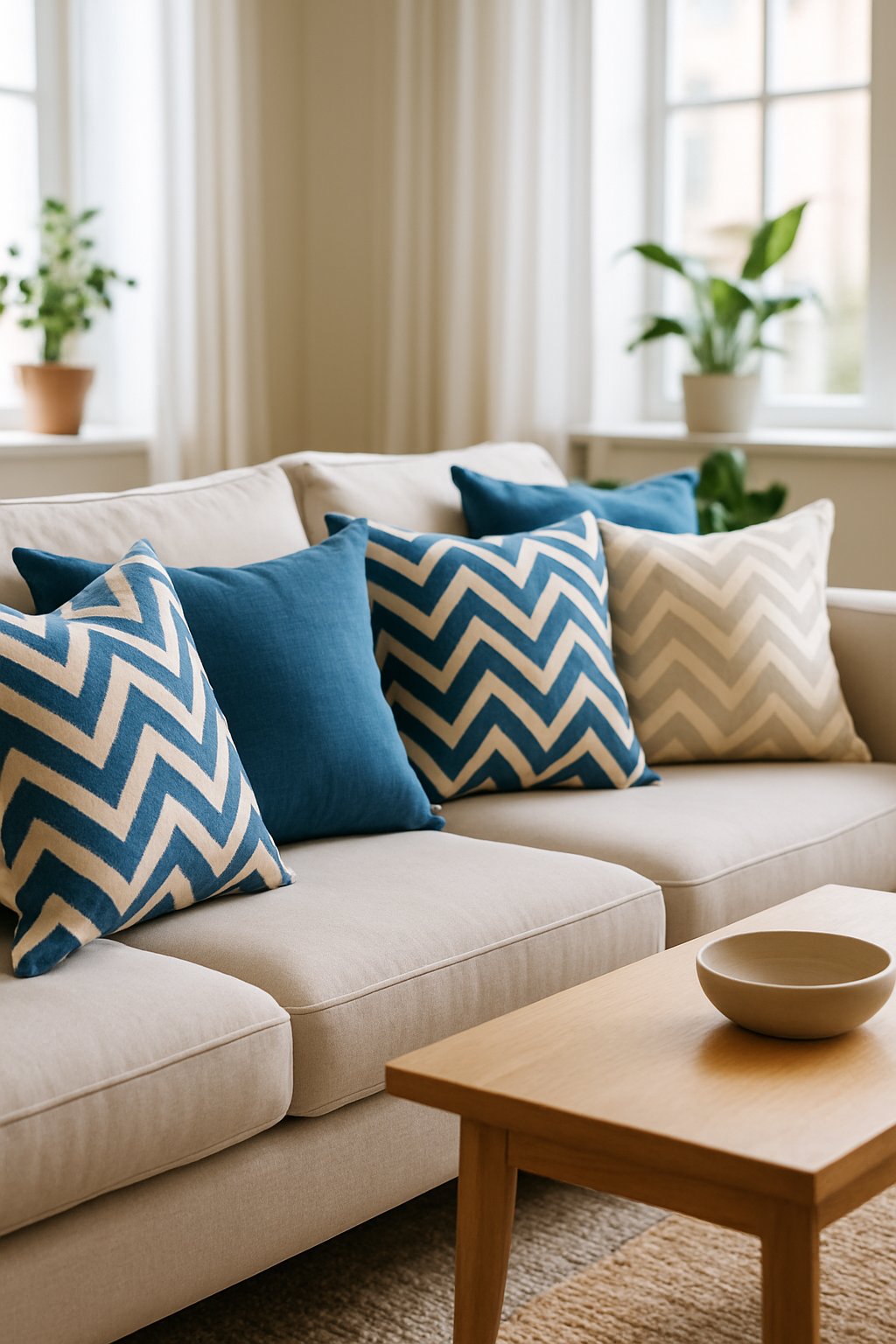 A living room with a sofa decorated with blue and cream chevron cushions, a coffee table, and potted plants.