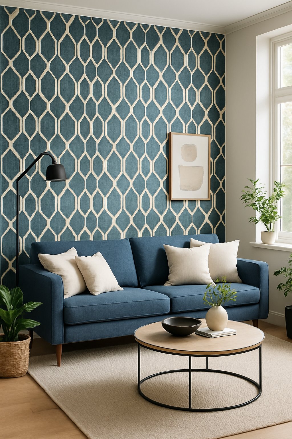 A living room with blue and cream geometric wallpaper, a blue sofa, cream cushions, a coffee table, and indoor plants.