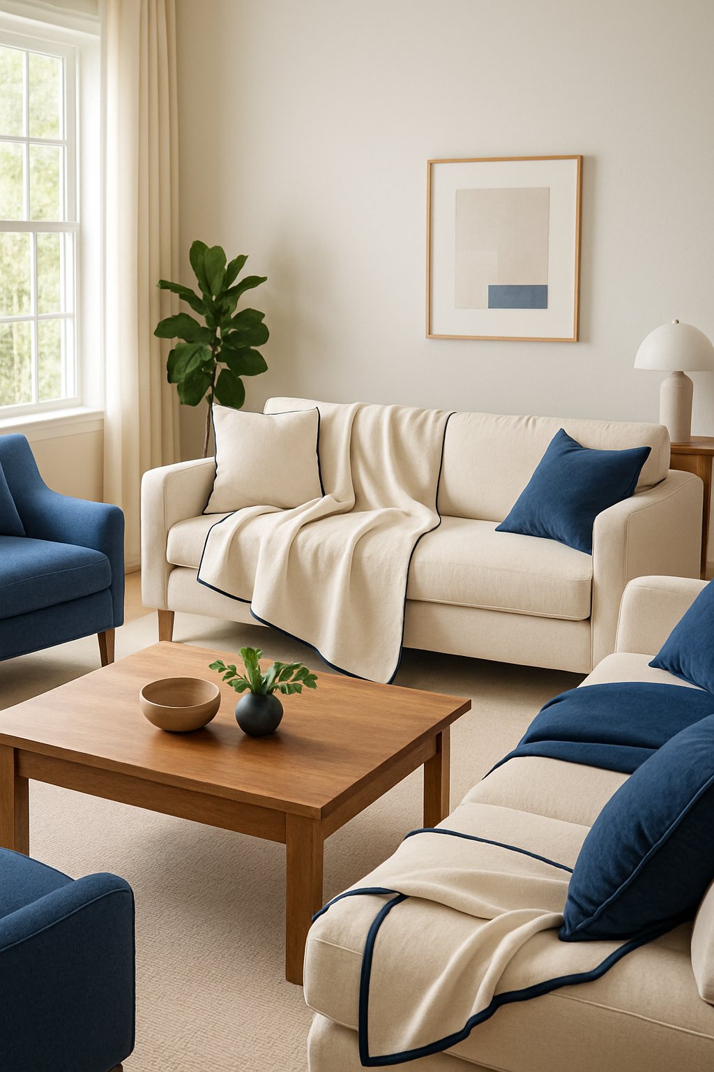 A living room with cream-colored throws with navy blue piping on a sofa, surrounded by blue and cream furniture and decor.