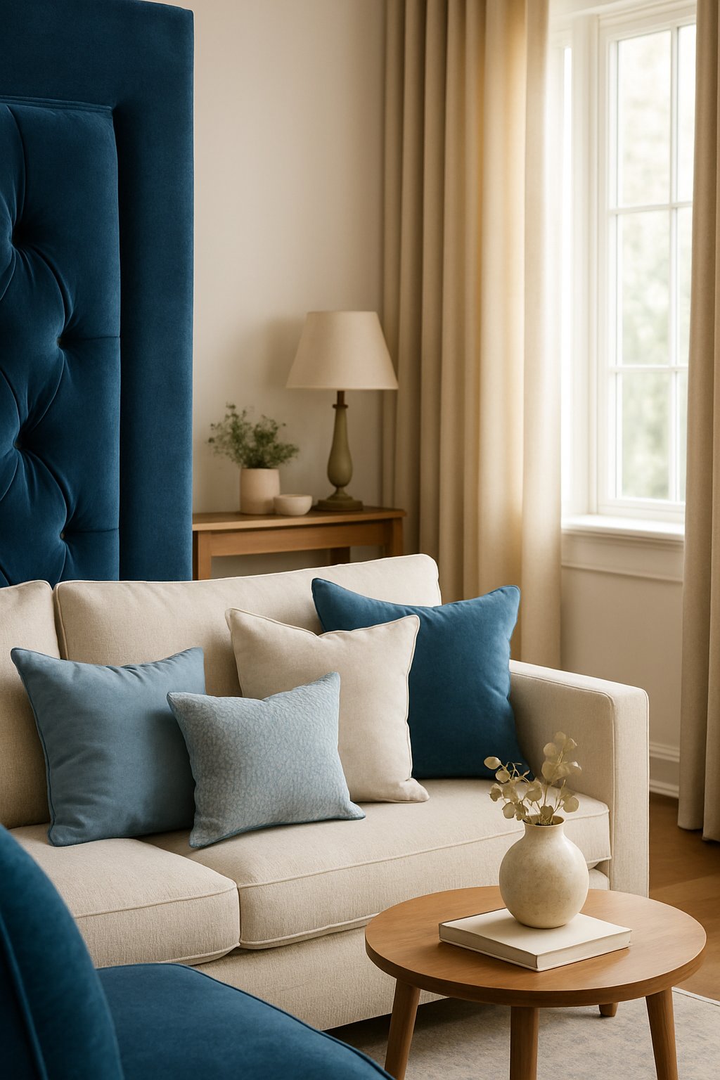 A cozy living room nook with a blue velvet headboard, blue and cream cushions, and a small side table with a vase.