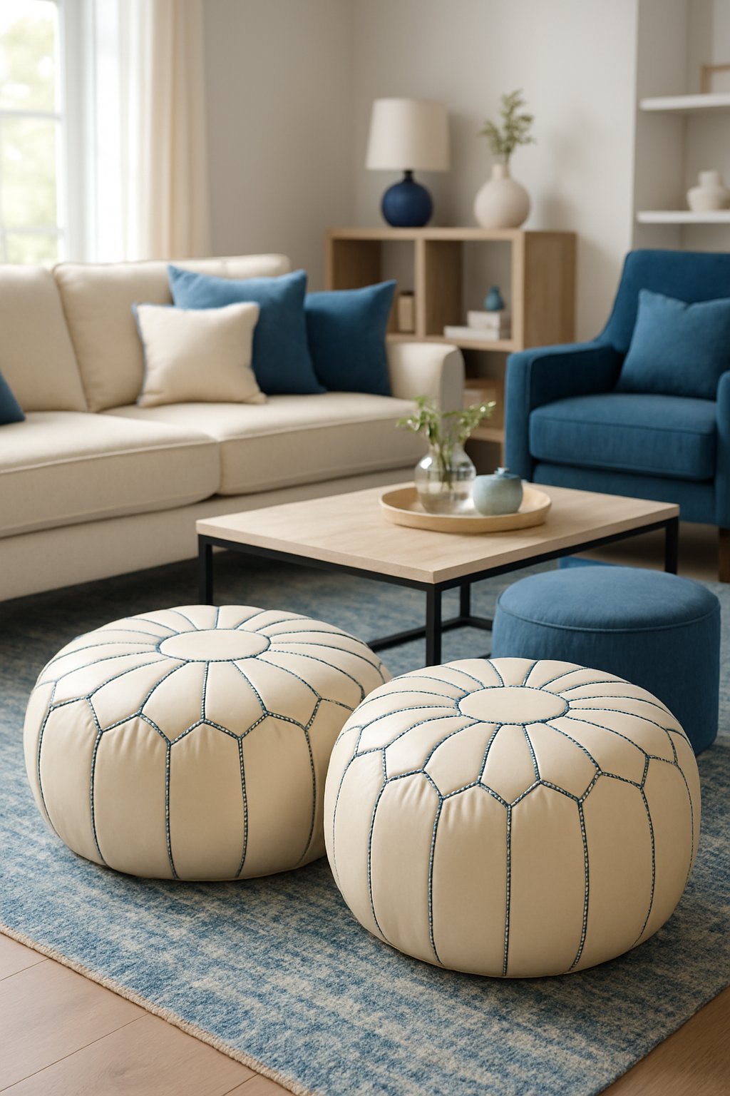 Living room with cream leather poufs with blue stitching, blue and cream furniture, and natural light.