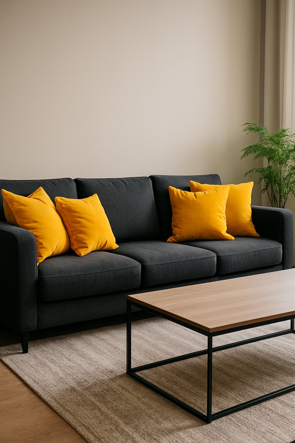 Living room with a charcoal gray couch and mustard yellow throw pillows.