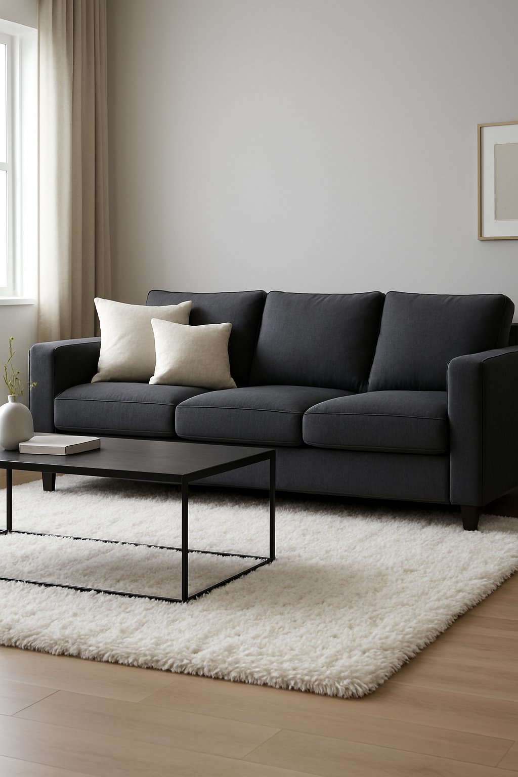 A living room with a charcoal-colored couch and a fluffy white shag rug on the floor in front of it.