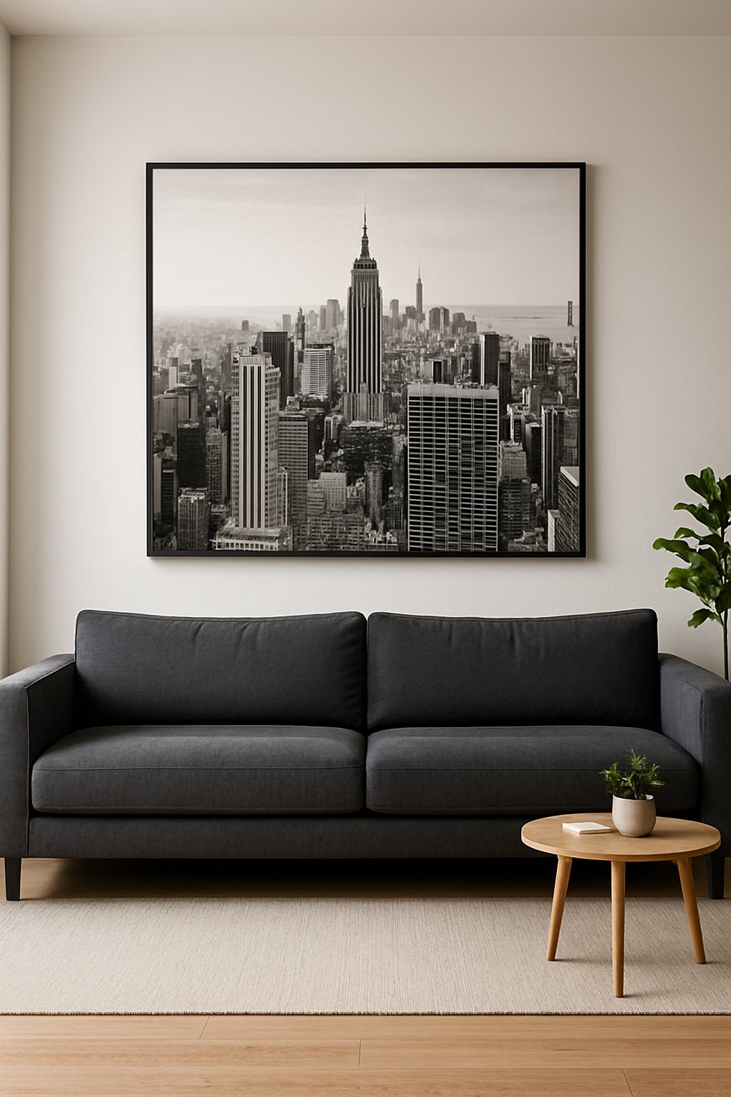 Living room with a large dark gray couch and a big black and white cityscape picture hanging on the wall above it.