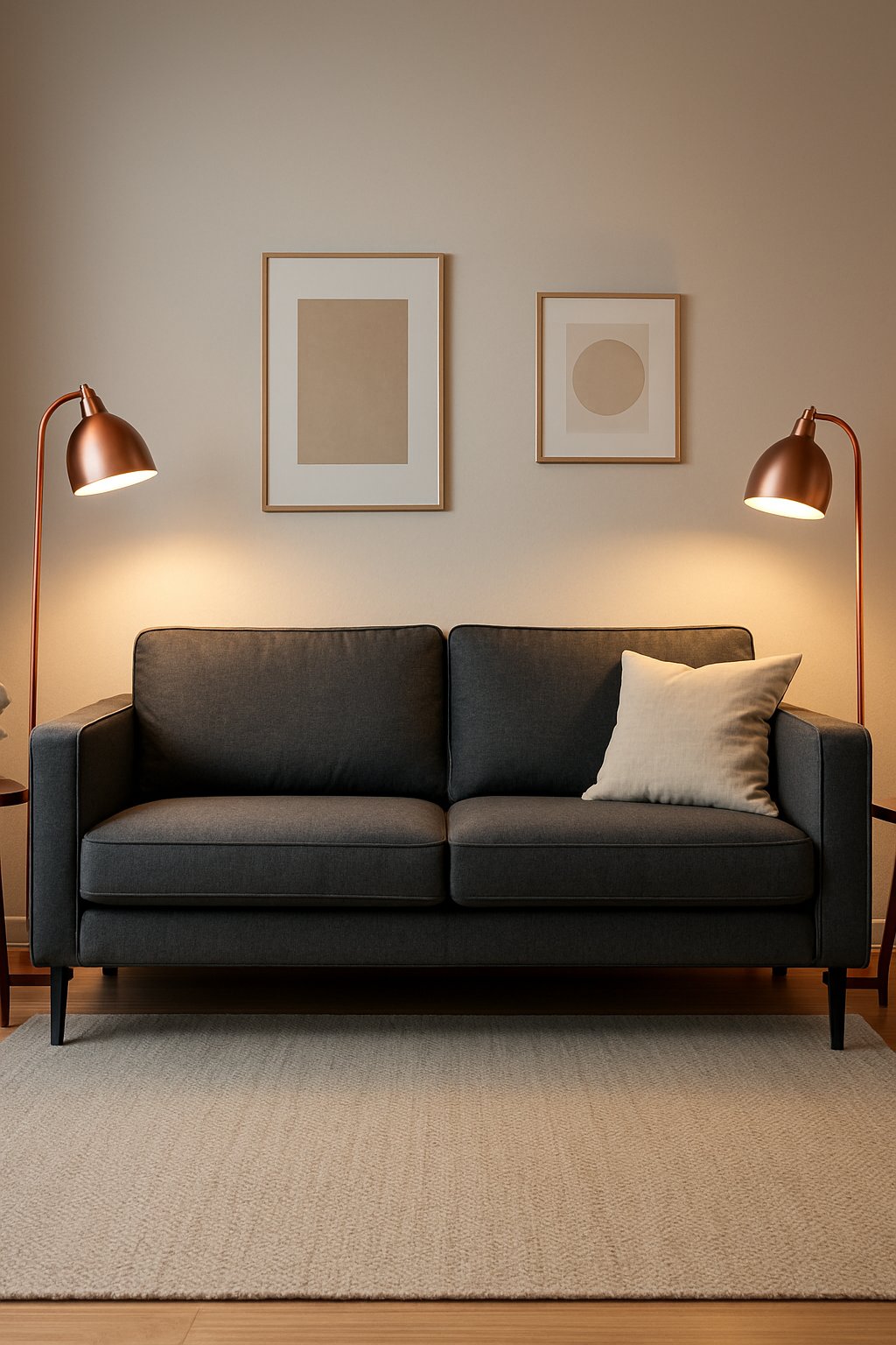 Living room with a charcoal gray couch and two copper floor lamps emitting a warm light.