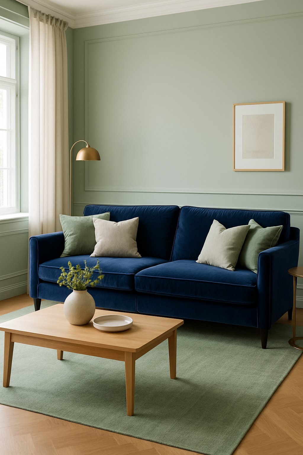A living room with a navy blue velvet sofa, sage green walls, a wooden coffee table, and natural light coming through windows.