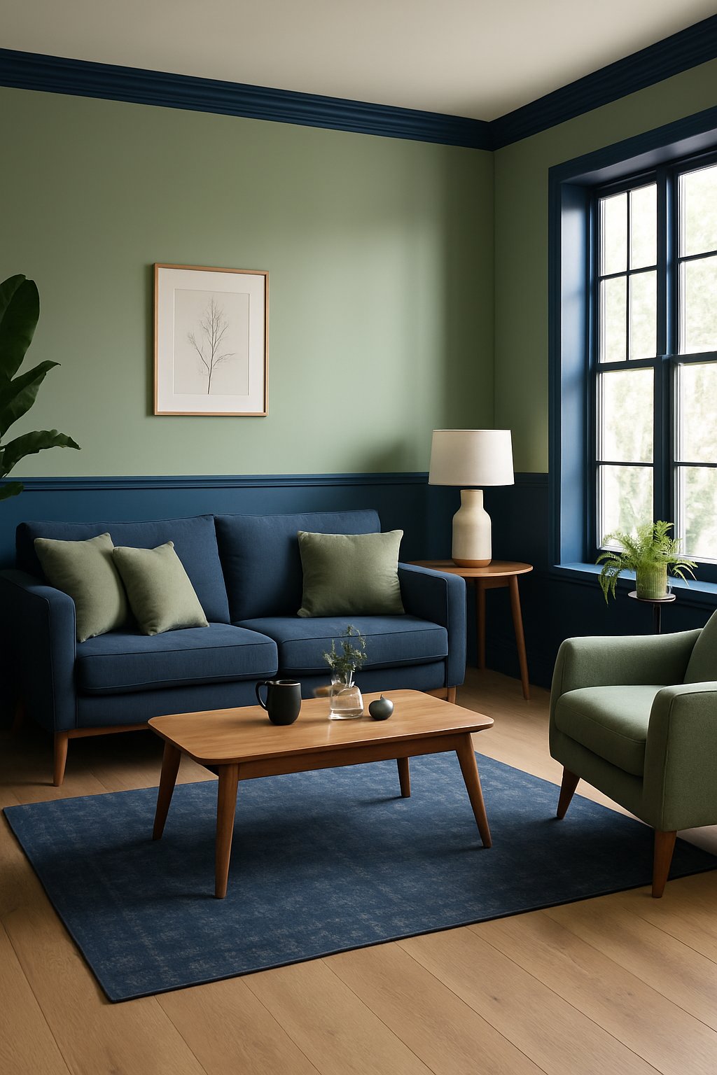 Living room with a sage green accent wall and navy trim, featuring navy and sage furniture, a wooden coffee table, plants, and natural light.