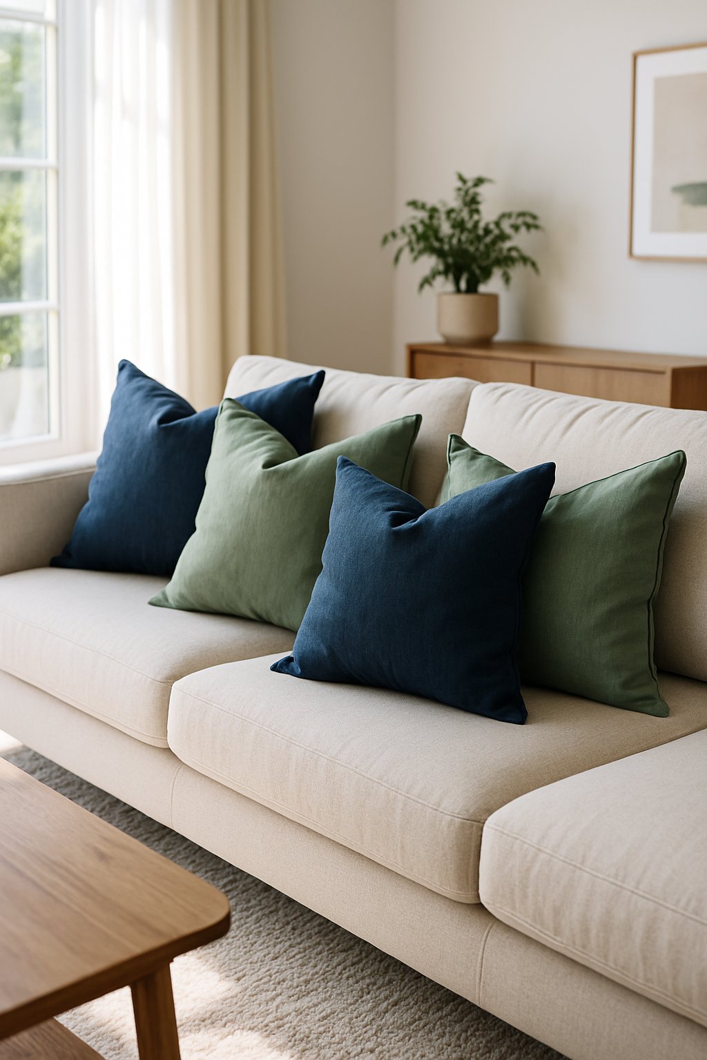 A living room with a light sofa decorated with navy blue and sage green throw pillows, a wooden coffee table, and natural light coming through large windows.