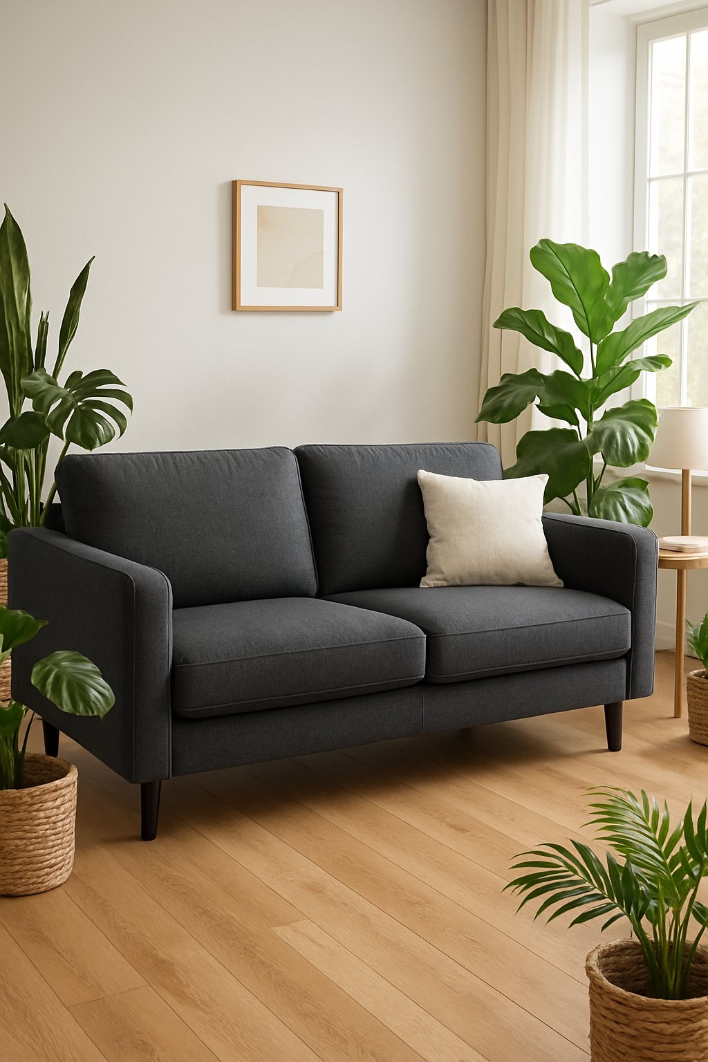 Living room with a charcoal gray couch and several leafy green plants in wicker baskets nearby.