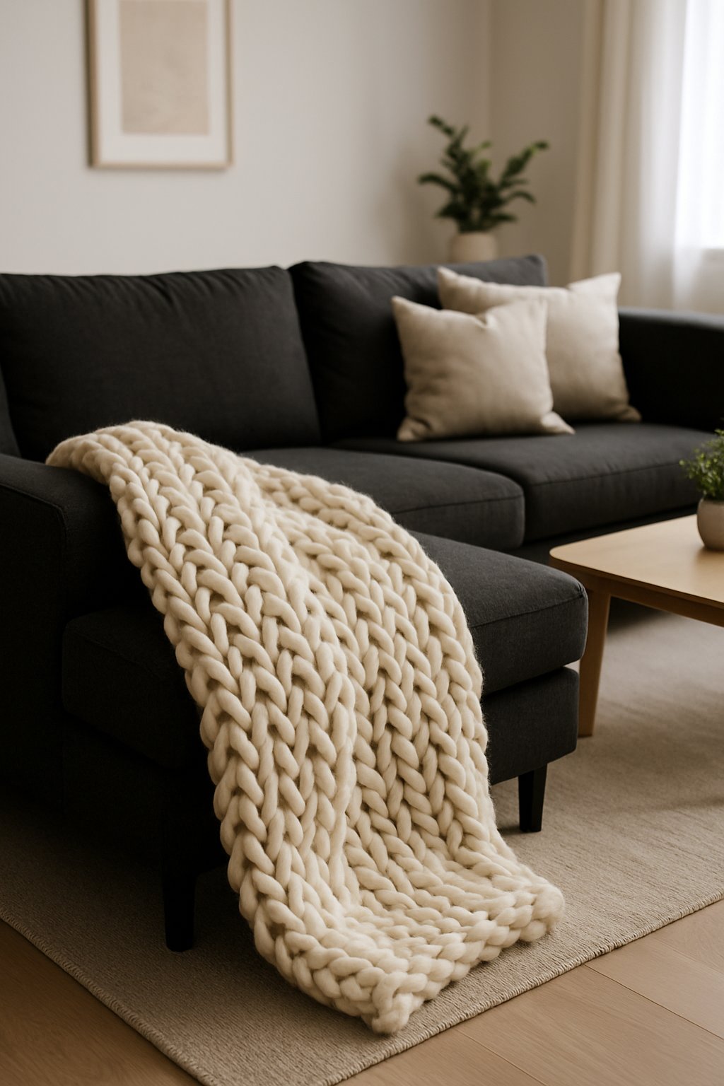 A charcoal couch in a living room with a chunky cream knit throw draped over its armrest.