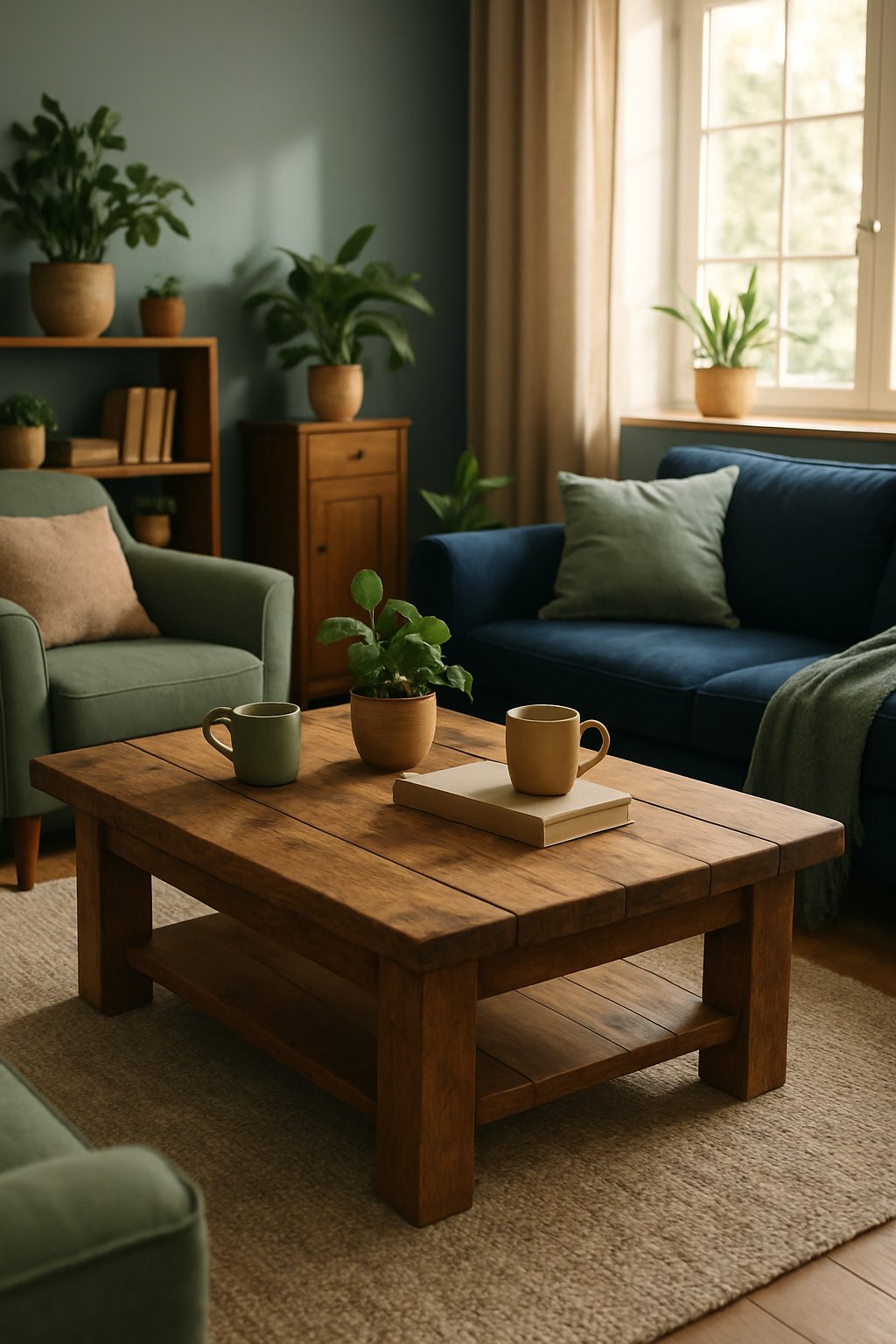 A living room with a rustic wooden coffee table surrounded by navy blue and sage green furniture, with natural light coming through large windows.