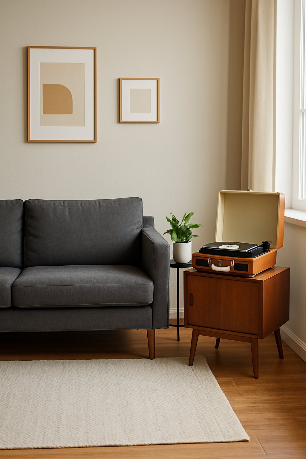 Living room with a charcoal gray couch and a vintage record player in the corner.