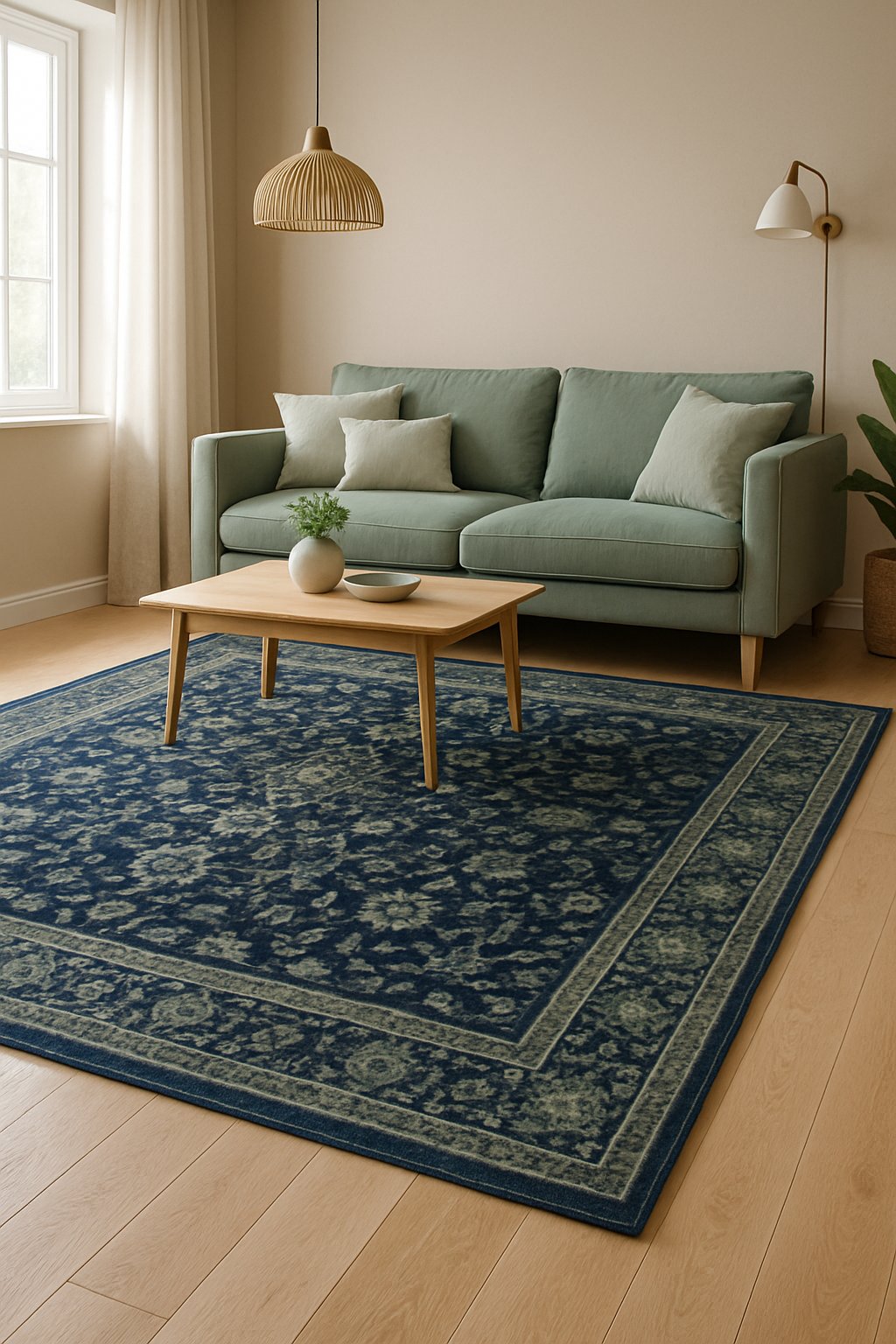Living room with a navy blue patterned rug, sage green sofa, wooden coffee table, and natural light from large windows.