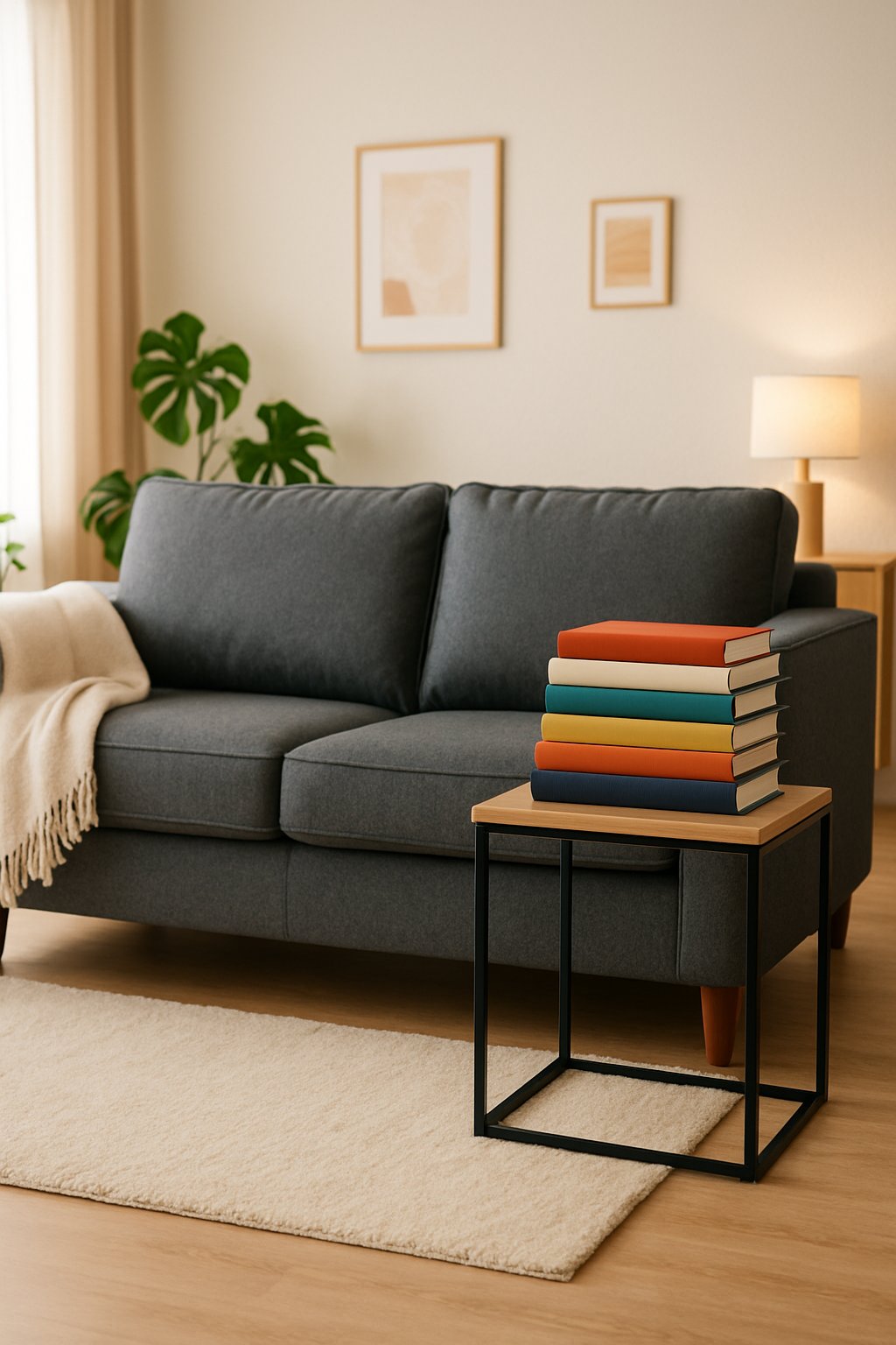 A charcoal gray couch next to a side table stacked with colorful hardcover books in a living room.
