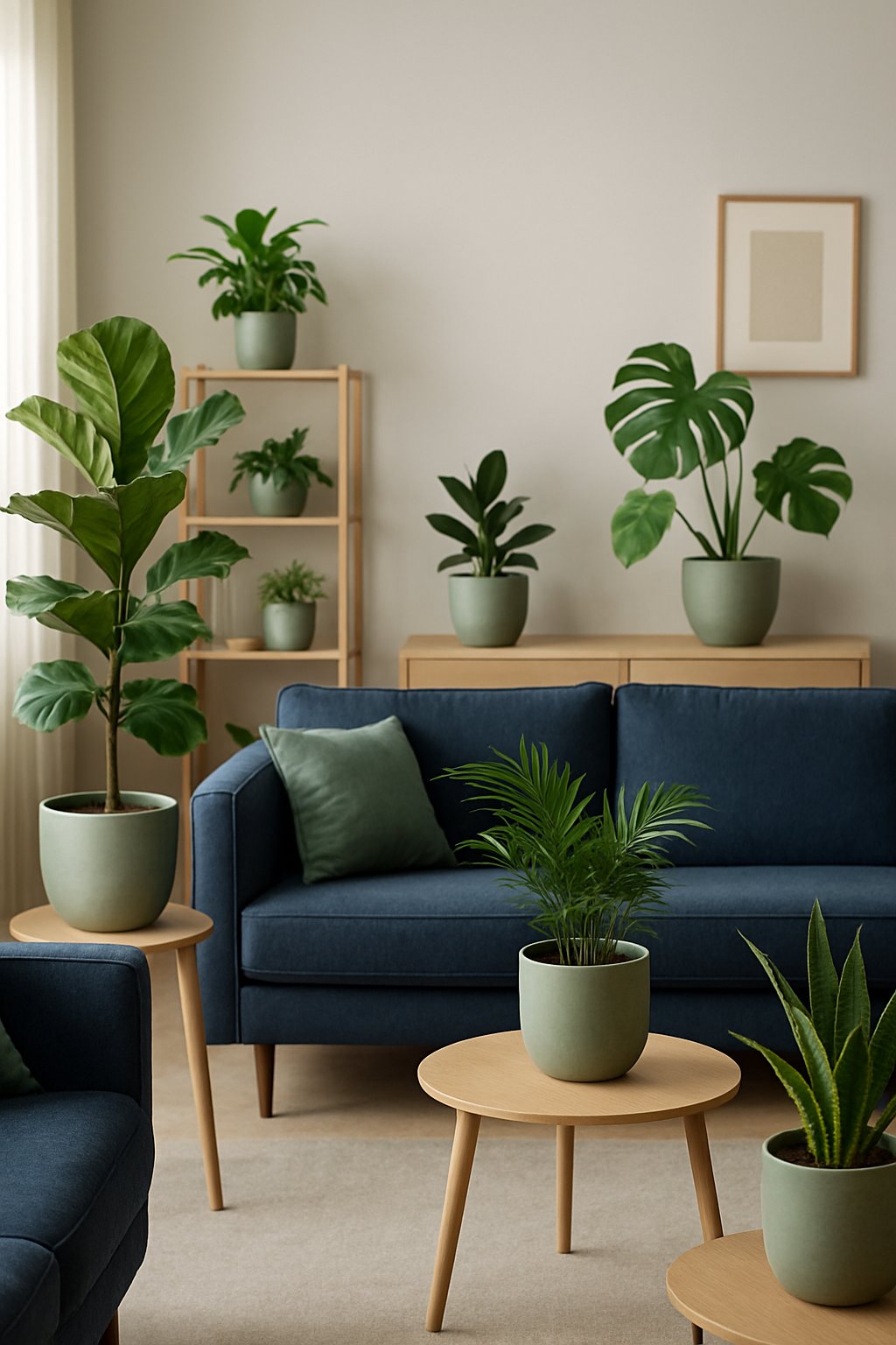 Living room with navy and sage decor featuring various plants in sage-colored pots placed around the room.