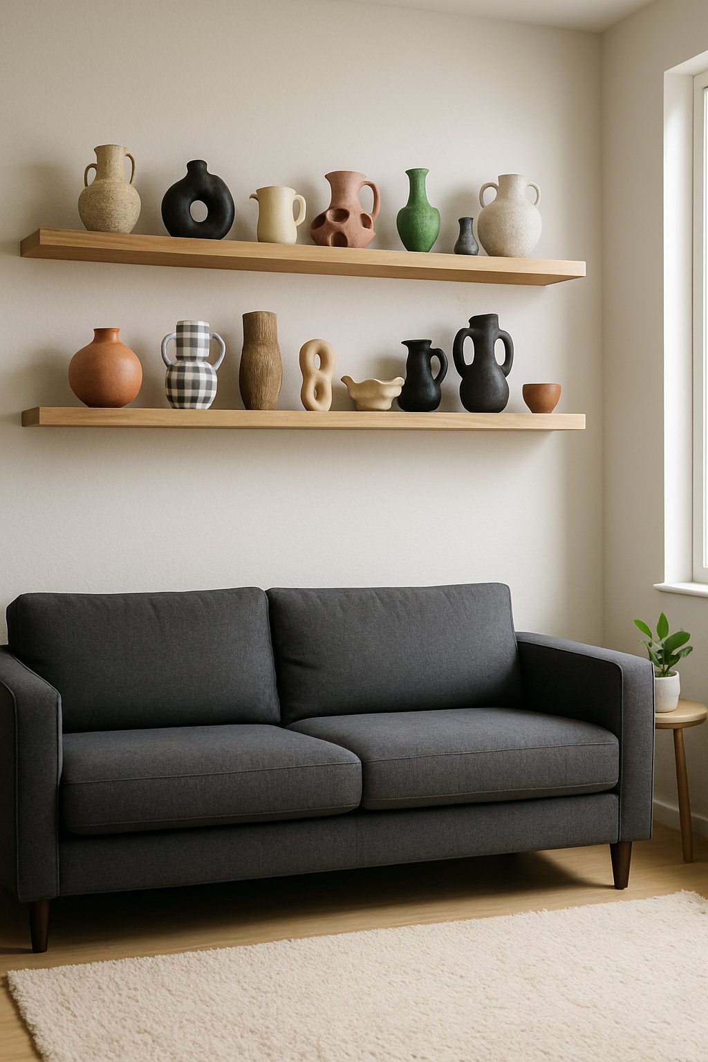 Living room with a charcoal gray couch and floating shelves filled with various ceramic items on the wall above it.